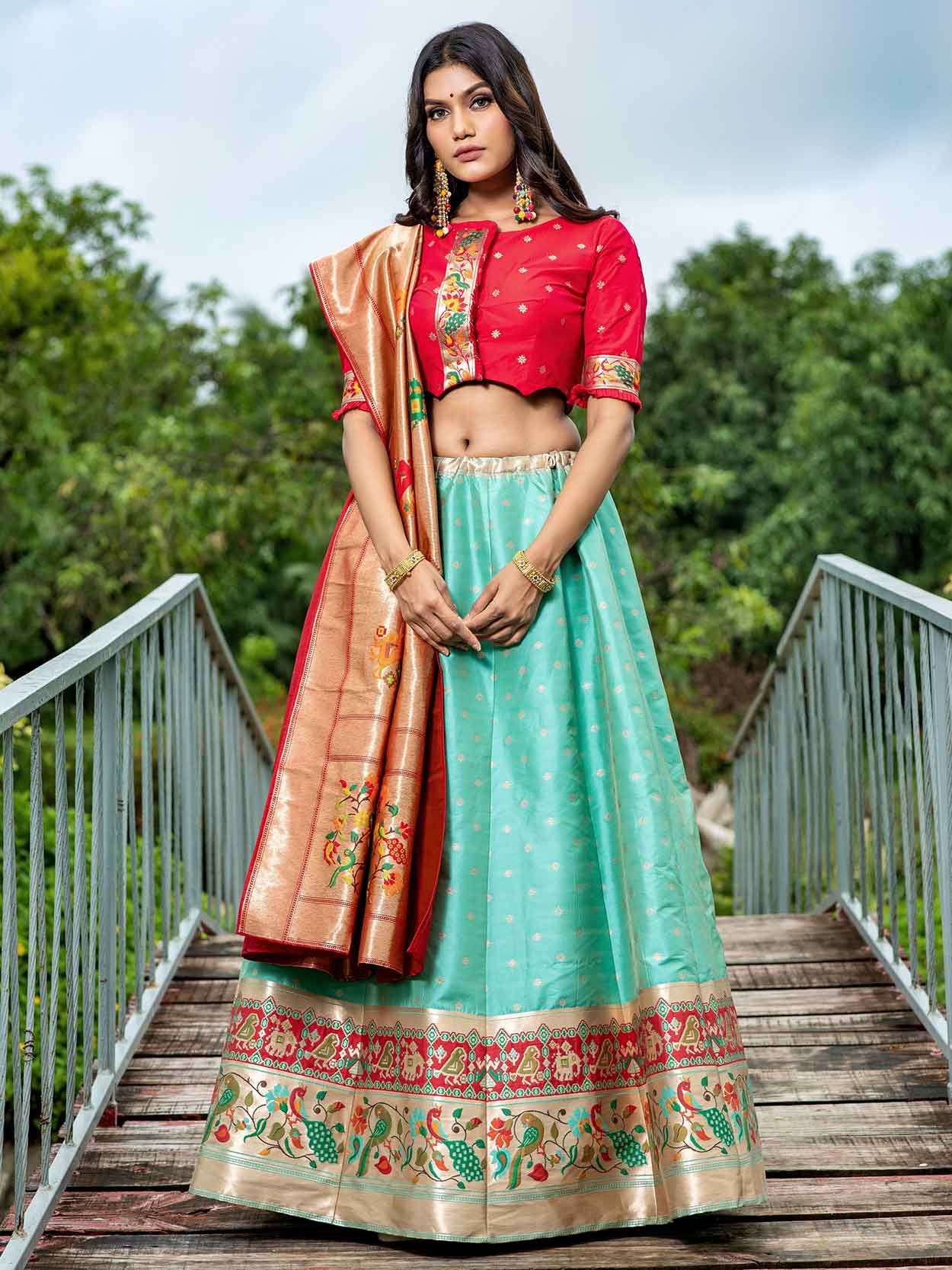 Buy Red Colored Sequence Embroidery Work Silk Lehenga Choli at fealdeal.com