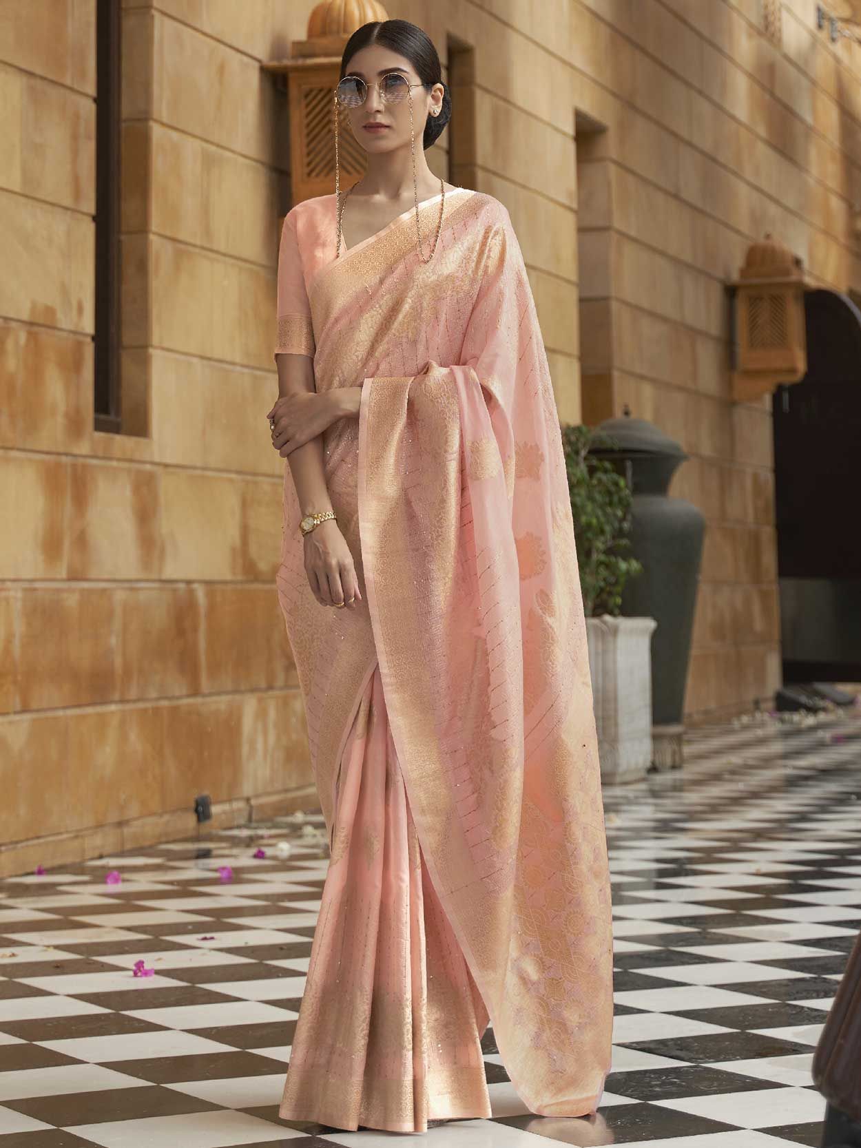 Dial N Fashion Peach Designer Casual Wear Chiffon Saree - Dial N Fashion