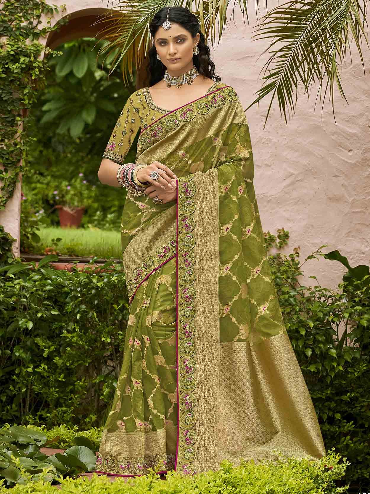 Buy Mesmerizing Mehendi Green Saree With Unstitched Blouse