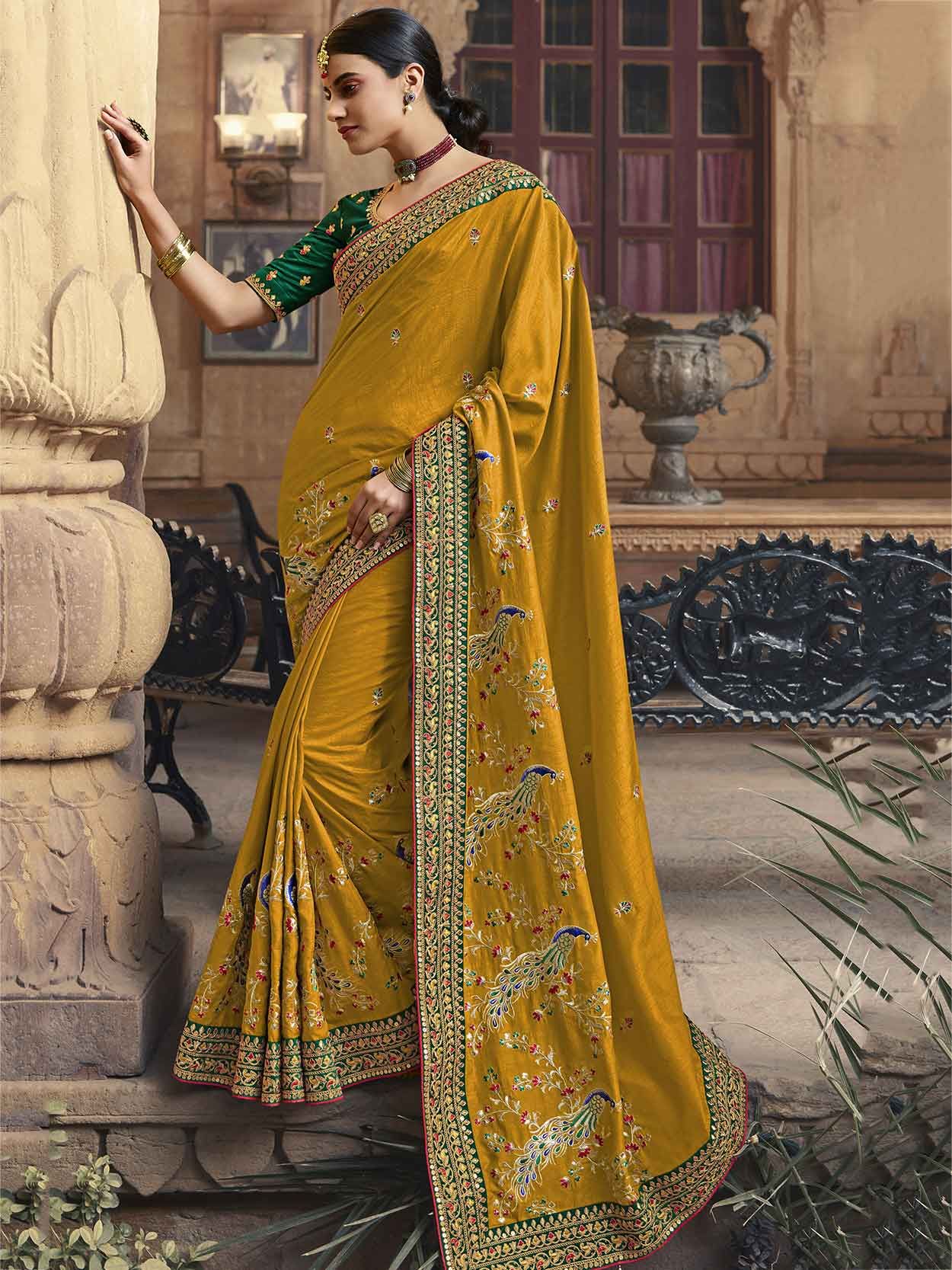 Mustard Yellow Colour Silk Saree in Zari,Embroidery Work.