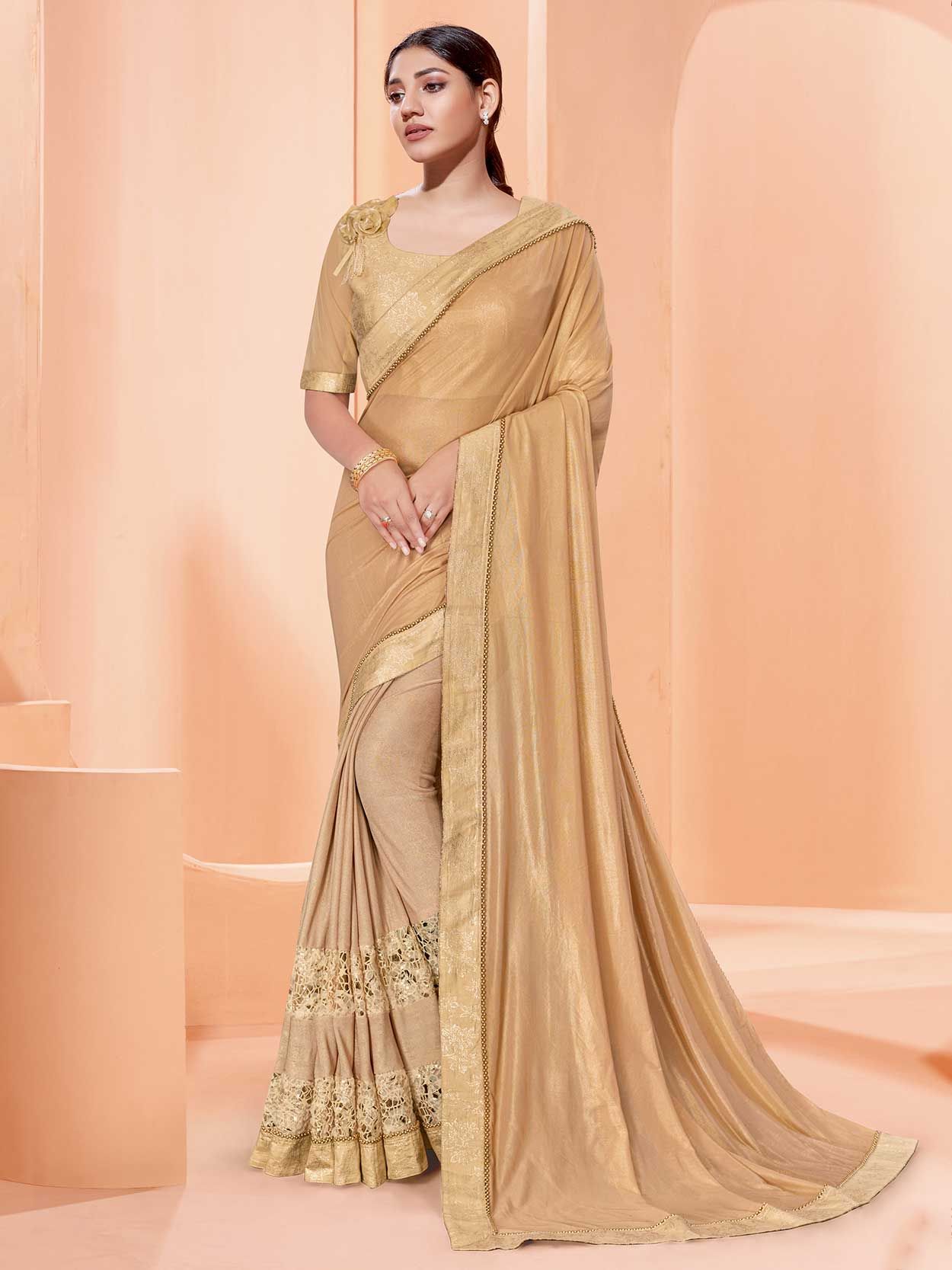 Cream Golden Colour Silk Fabric Indian Wedding Saree