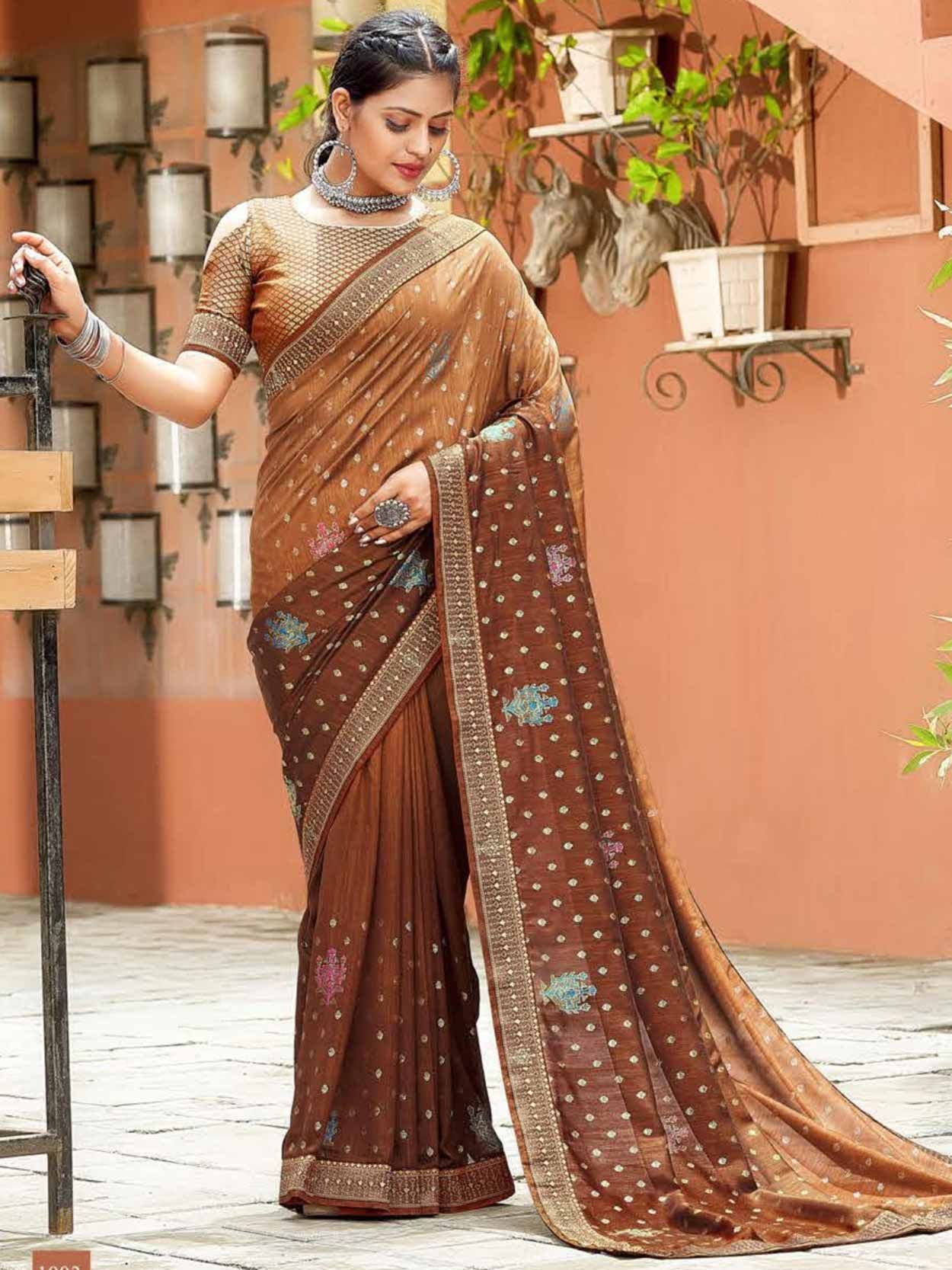 Dark Brown Color Georgette Designer Party Wear Fancy Saree Blouse -  3107144553