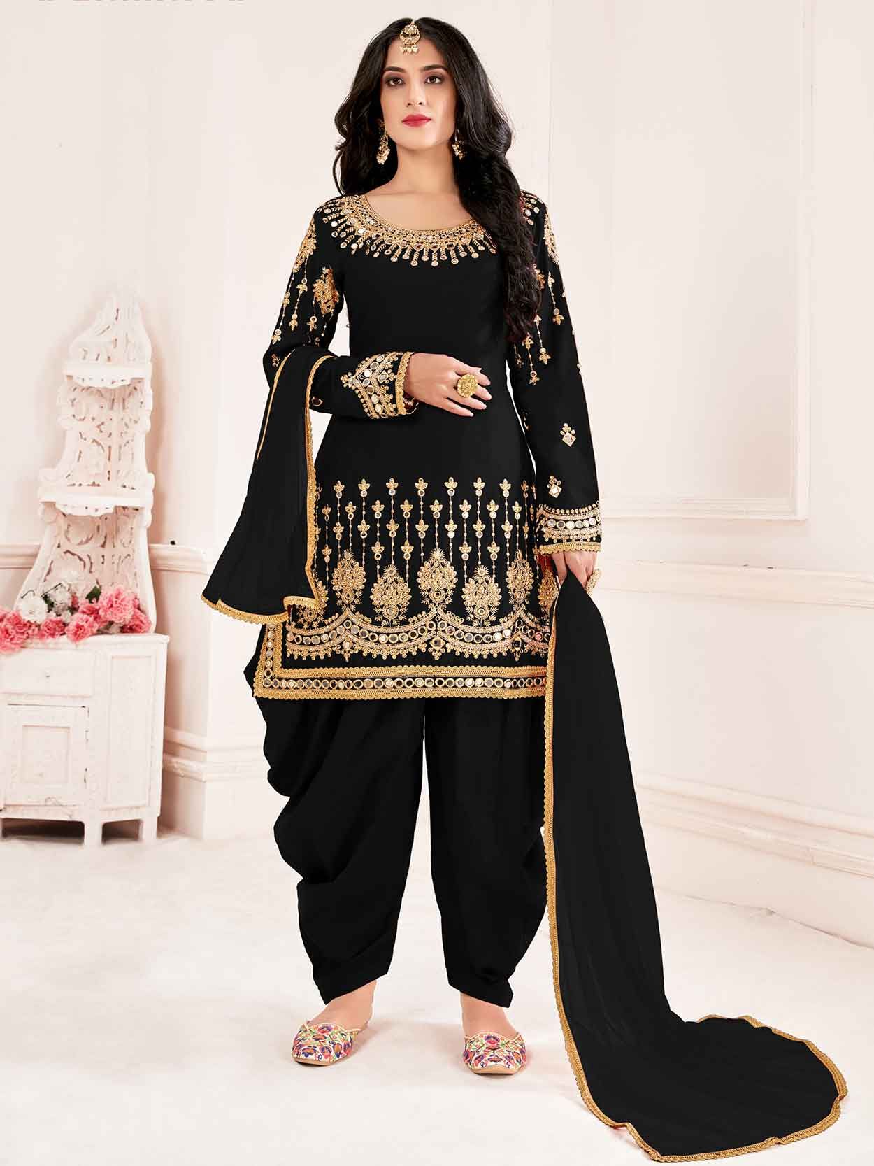 Black Partywear Embroidered with Sequence Work Heavy Faux Georgette Patiala  Suit
