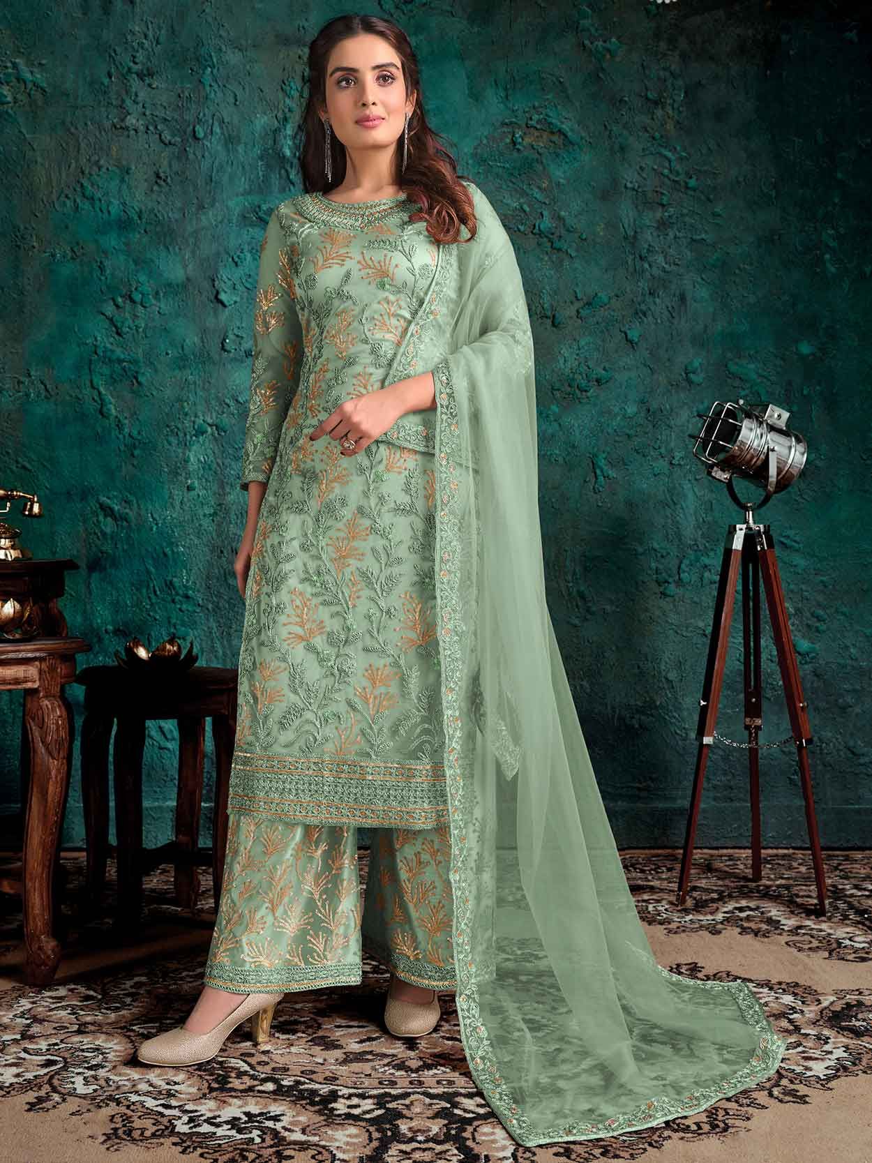 Green Colour Net Palazzo Salwar Suit.