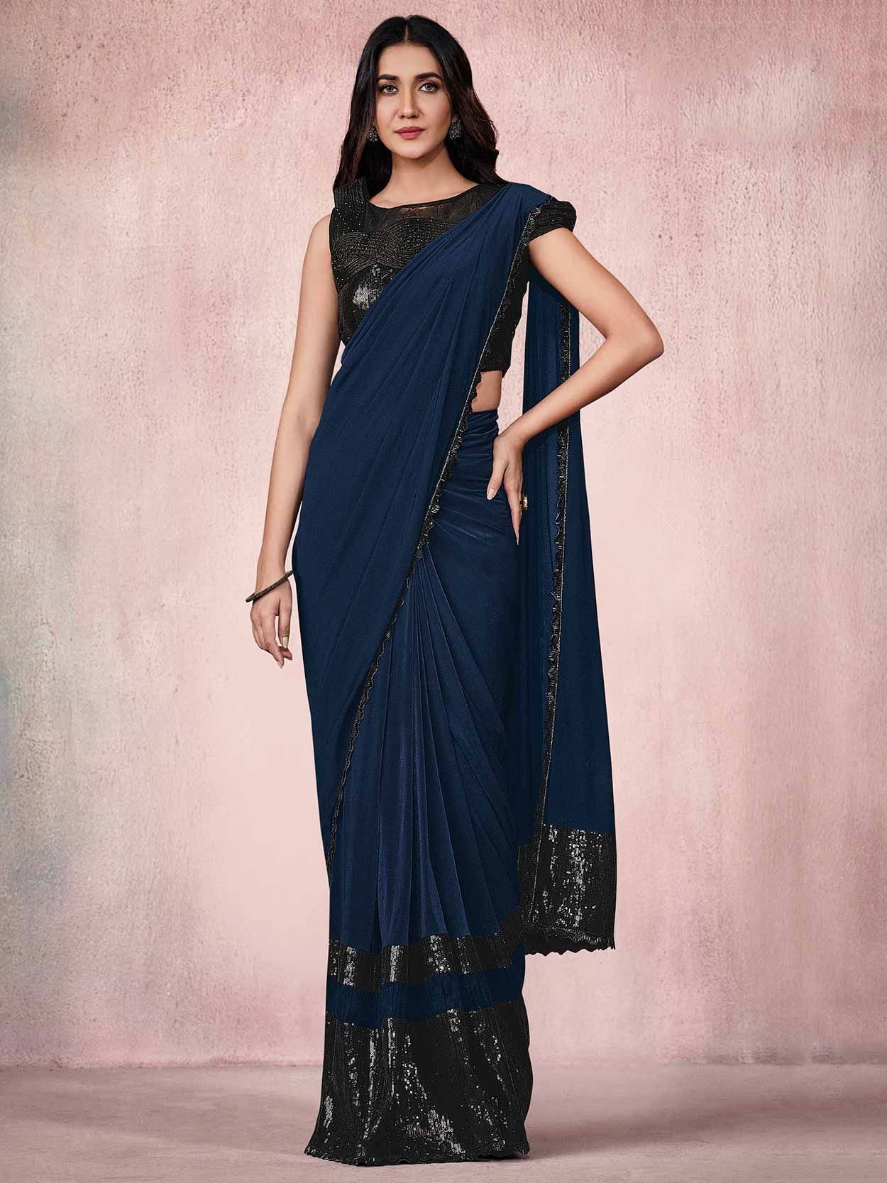 Buy Party Wear Navy Blue Sequins Work Lycra Saree Online From