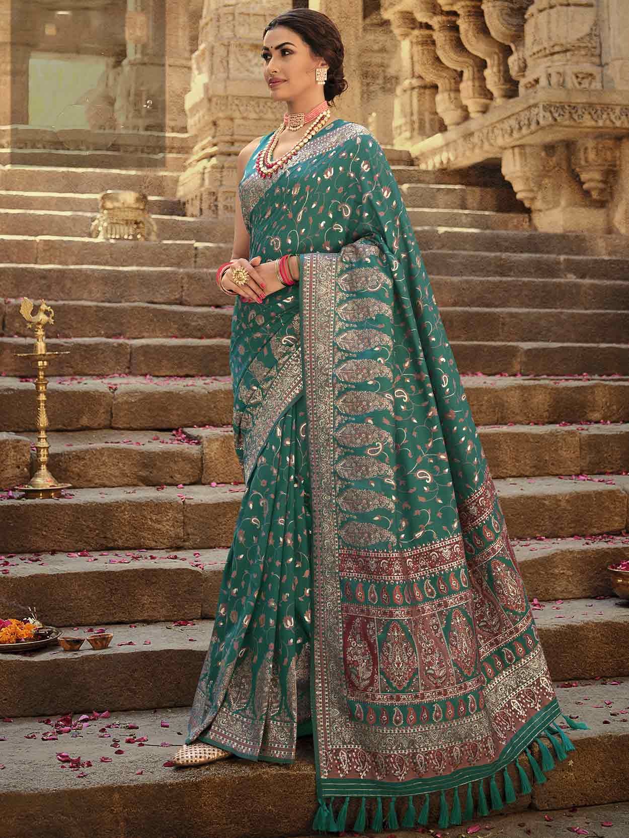 Buy Knockout Green Color Function Wear Contrast Pallu Elephant Peacock  Design Zari Work Saree Blouse | Lehenga-Saree
