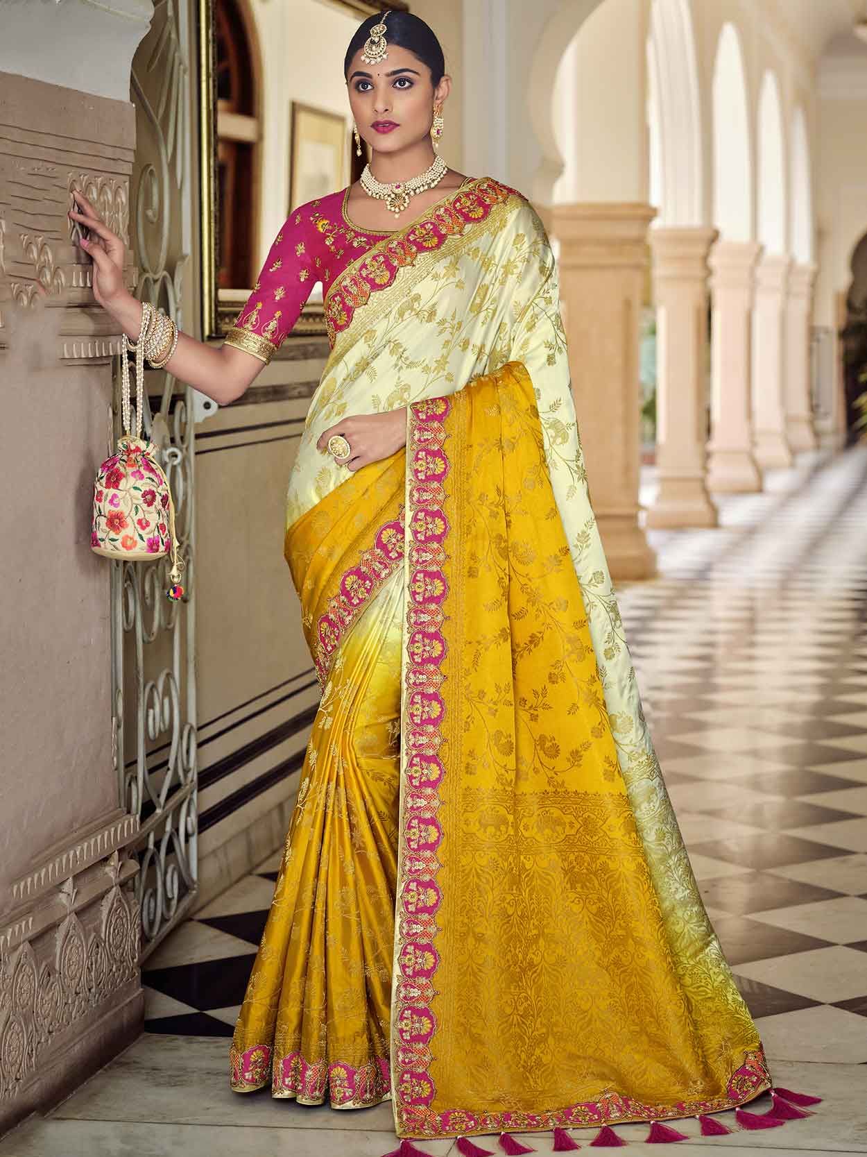 Golden Yellow Designer Saree with Heavy Embroidery – Yes We Shop