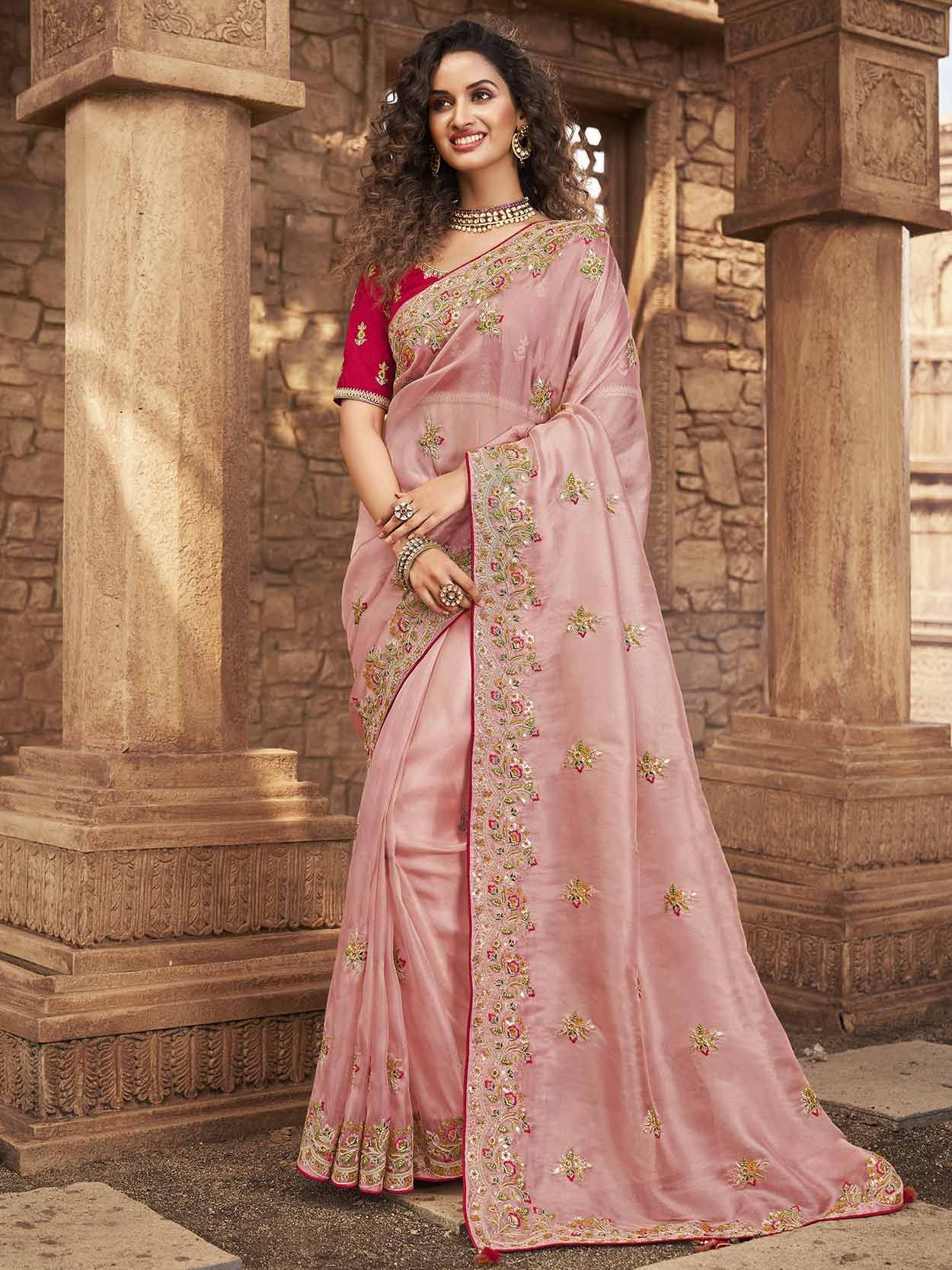 Pink Colour Wedding Saree in Net Organza Fabric