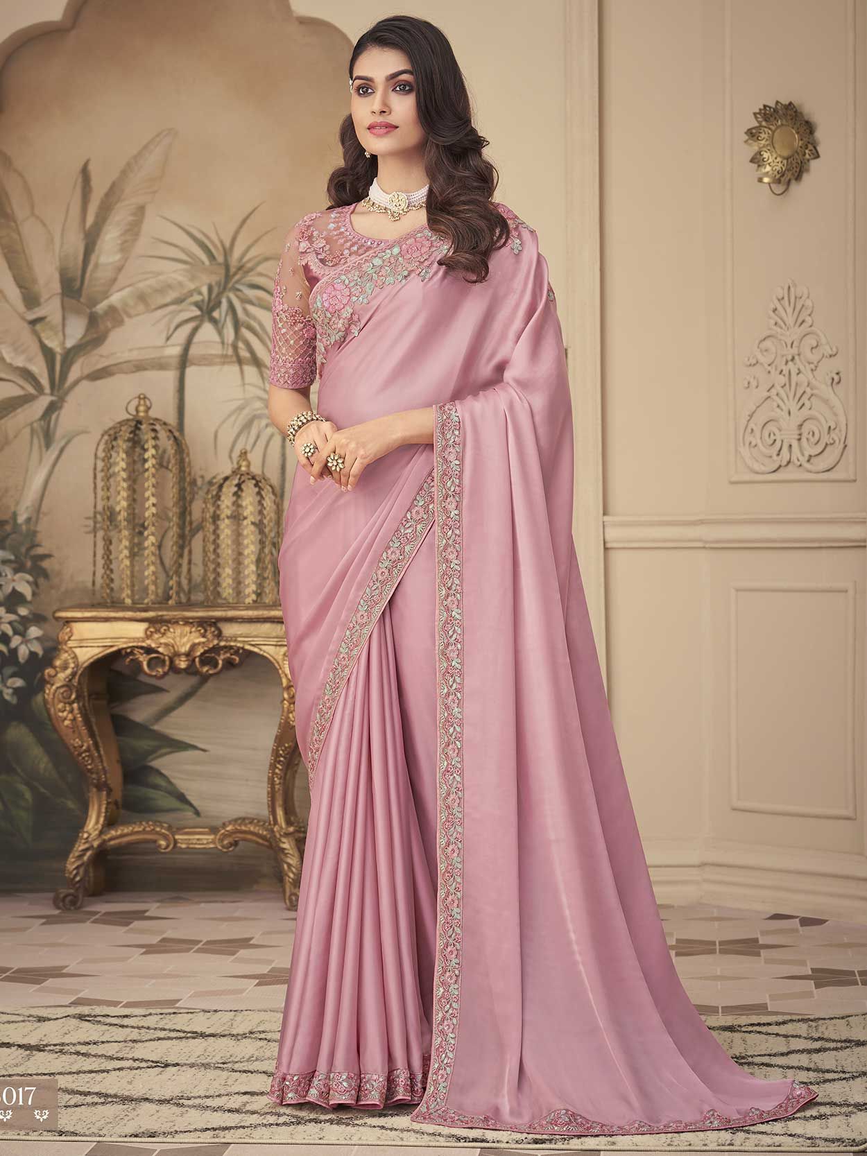 Baby pink jacquard kancheepuram wedding silk saree, contrast zari  traditional border & intricate jaal pallu