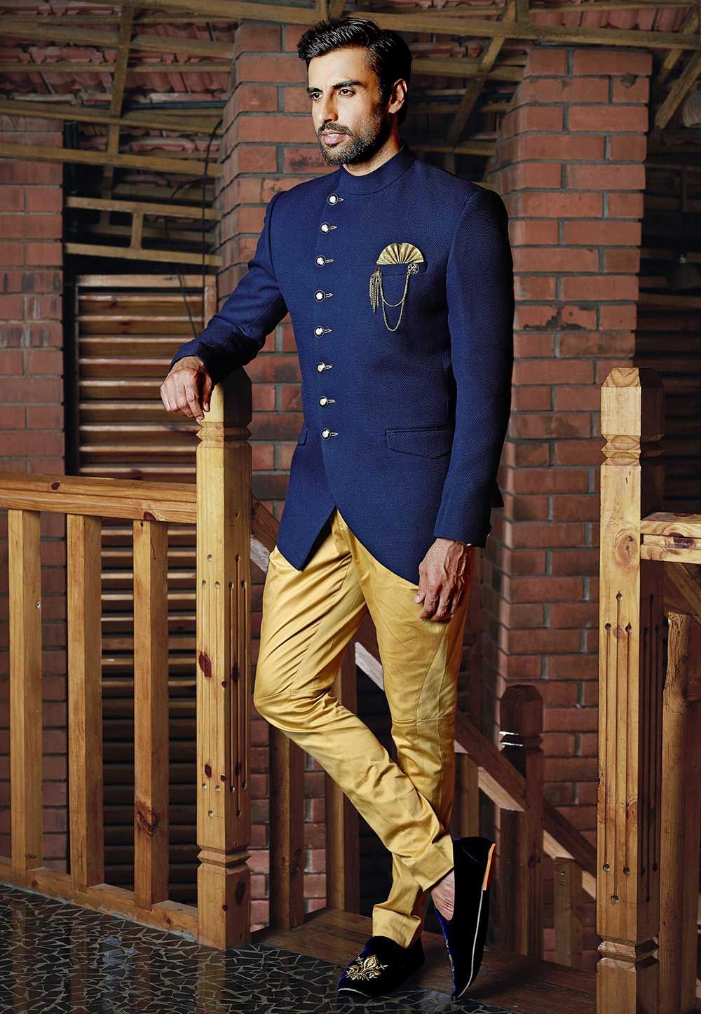 Woven Terry Rayon Jacquard Jodhpuri Jacket in Teal Green : MHG2530
