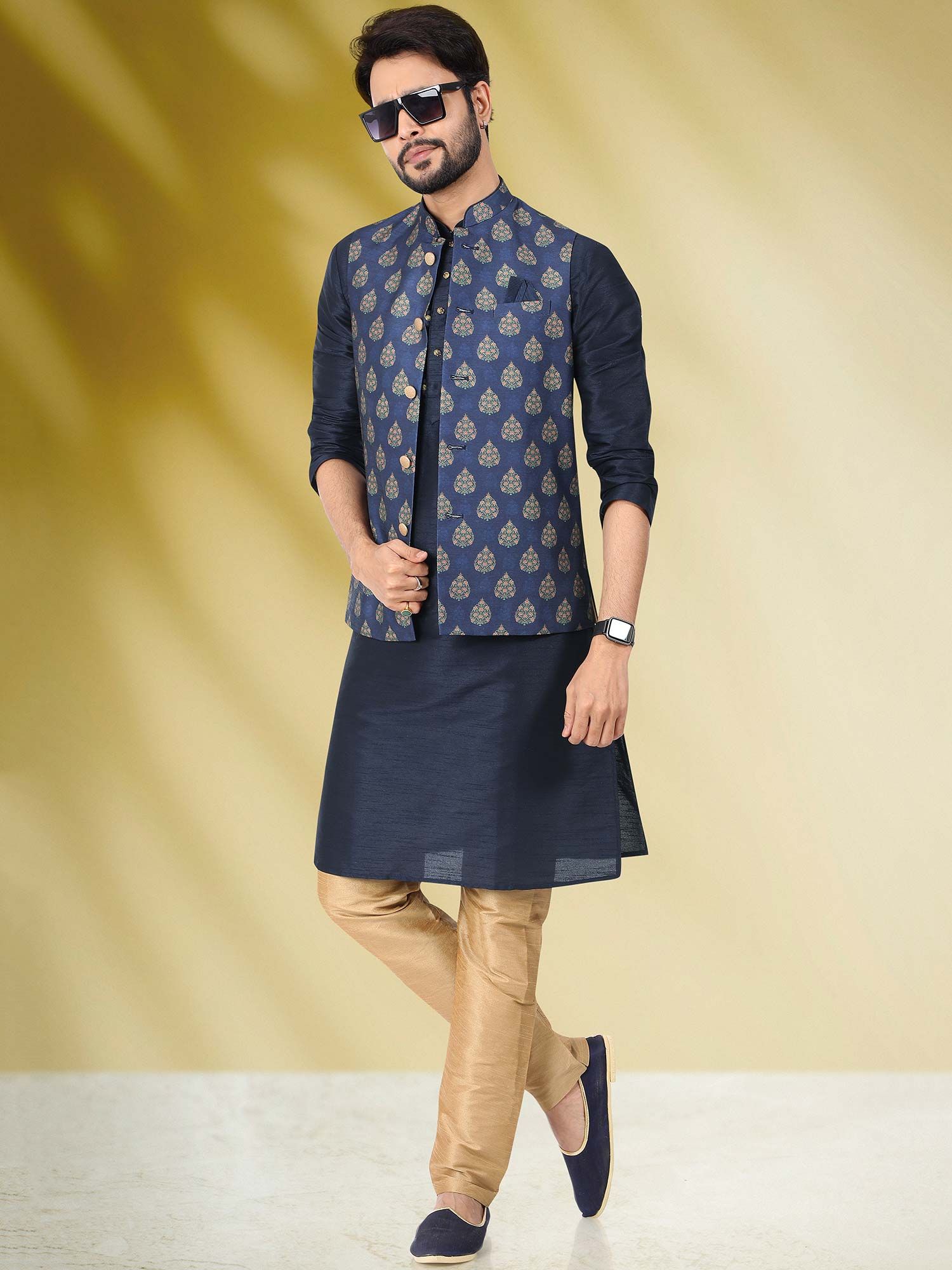 Buy Sojanya (Since 1958, Men's Navy Blue and Grey Silk Blend Kurta Pyjama & Nehru  Jacket sets, Size: XXL at Amazon.in