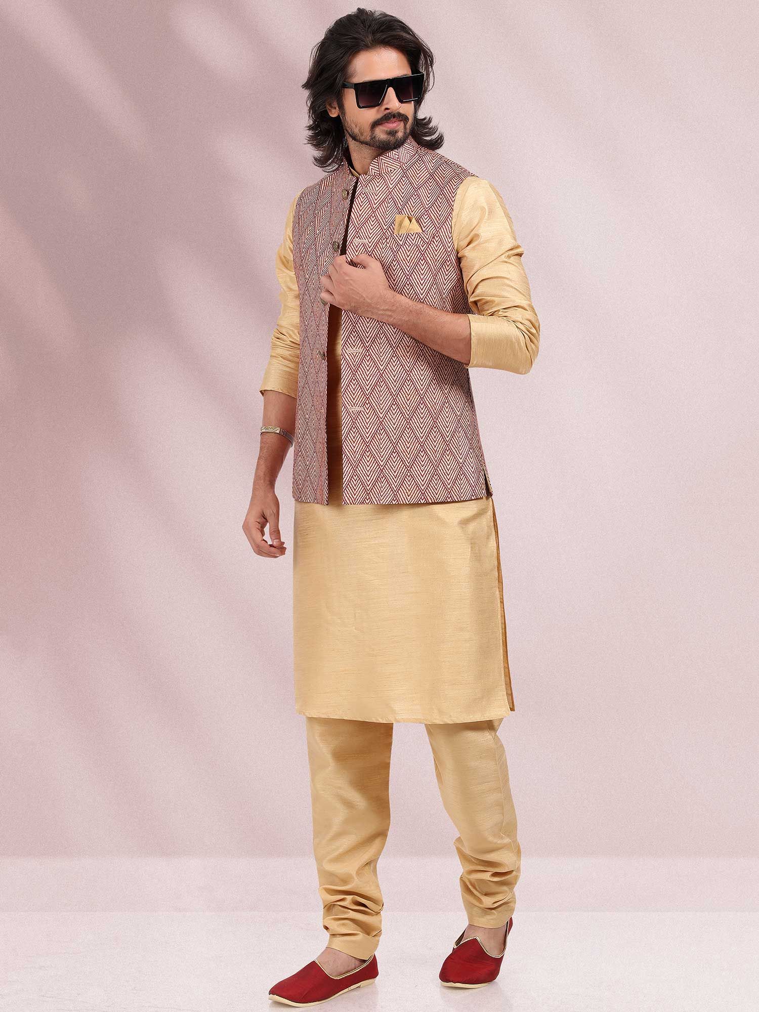 Buy Mentific® Nehru Jacket With Kurta Pajama Set For Men (L, Multi Color  Flower Print Jacket + Yellow Plain Kurta Pajama) at Amazon.in