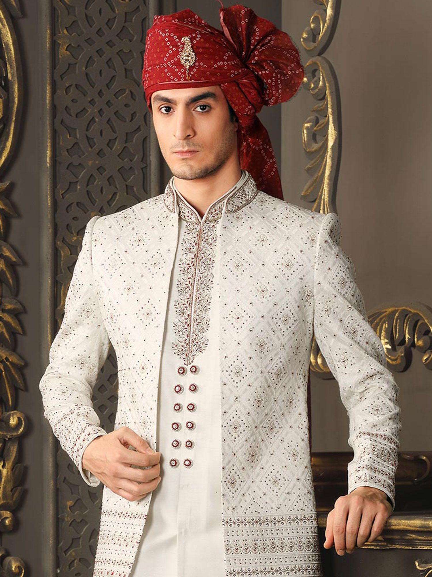 White Layered Groom Sherwani In Silk