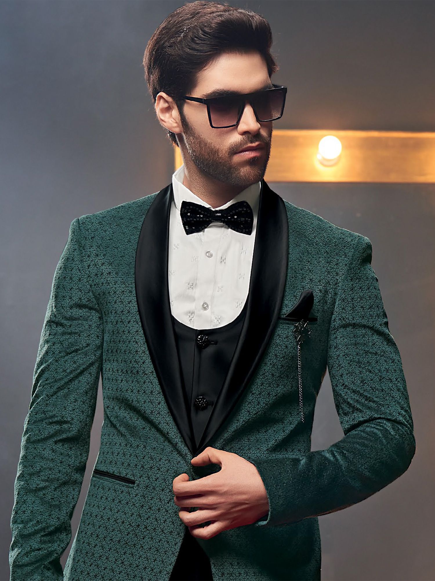 Green Designer Tuxedo Men In Velvet Fabric