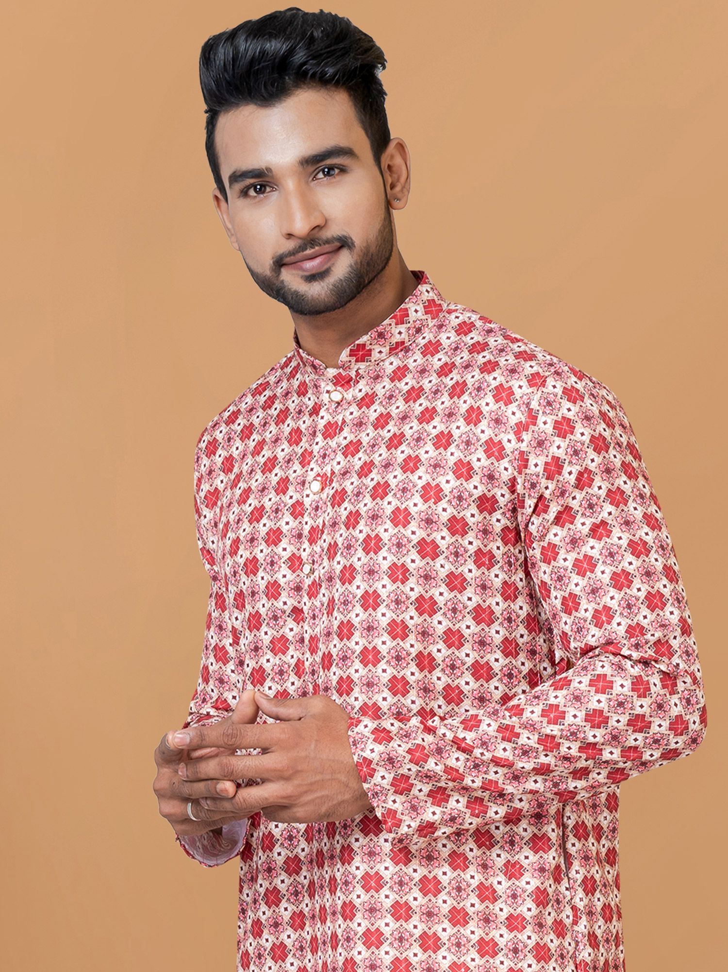 Red Printed Cotton Kurta Pajama For Men