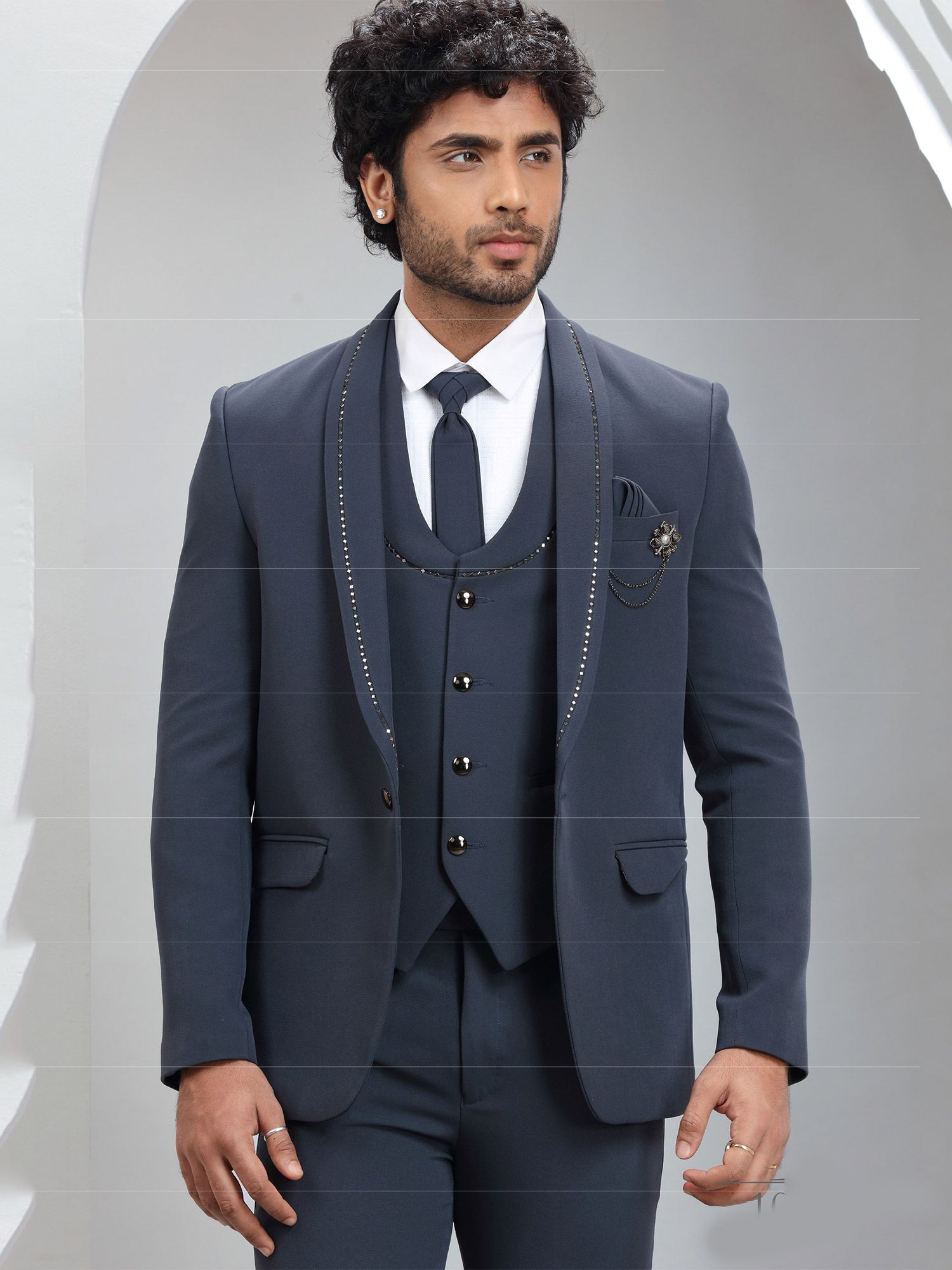 Blue Italian Mens Suit With Stone Embellished