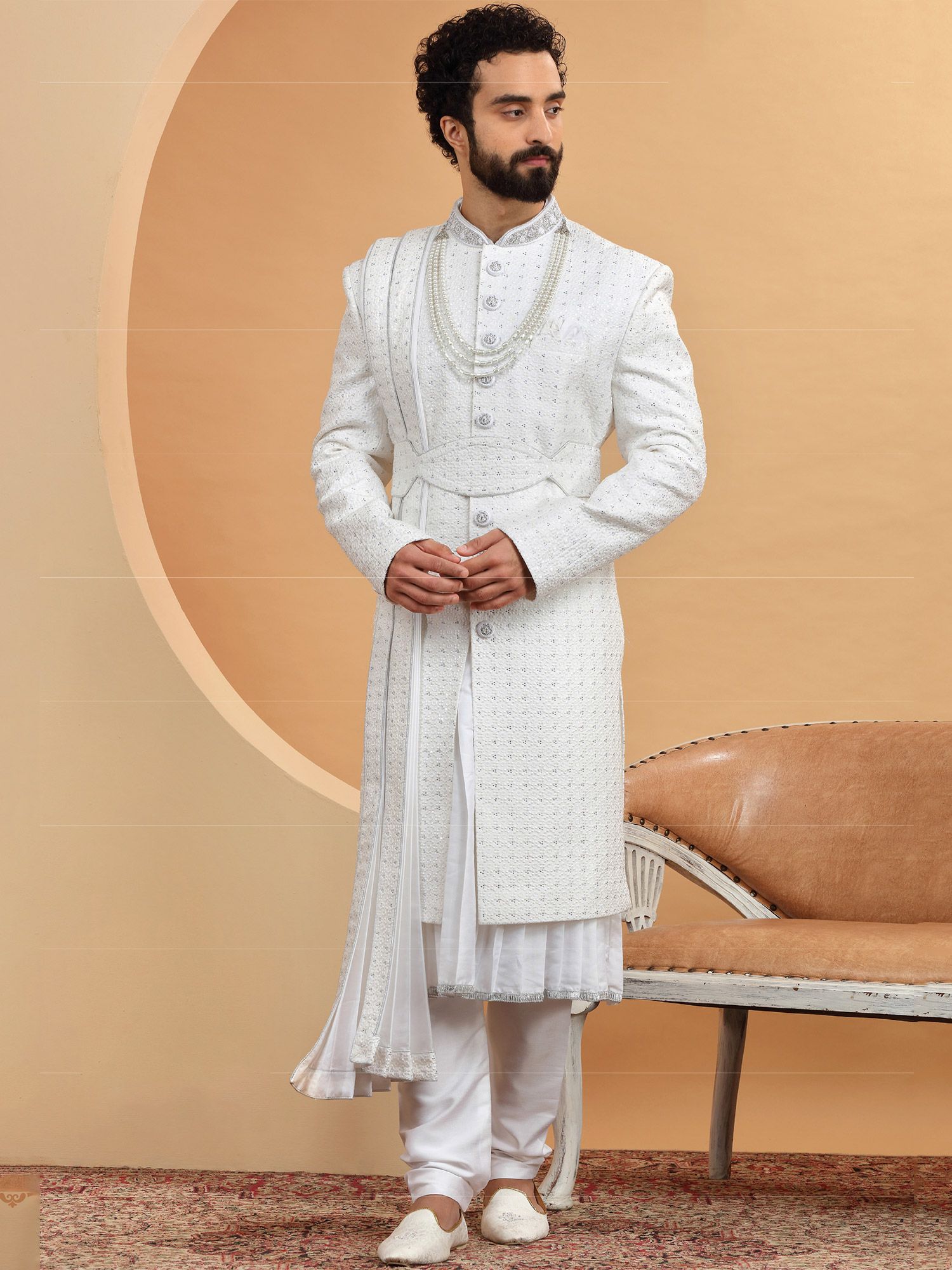 White Mens Sherwani With Anarkali Kurta