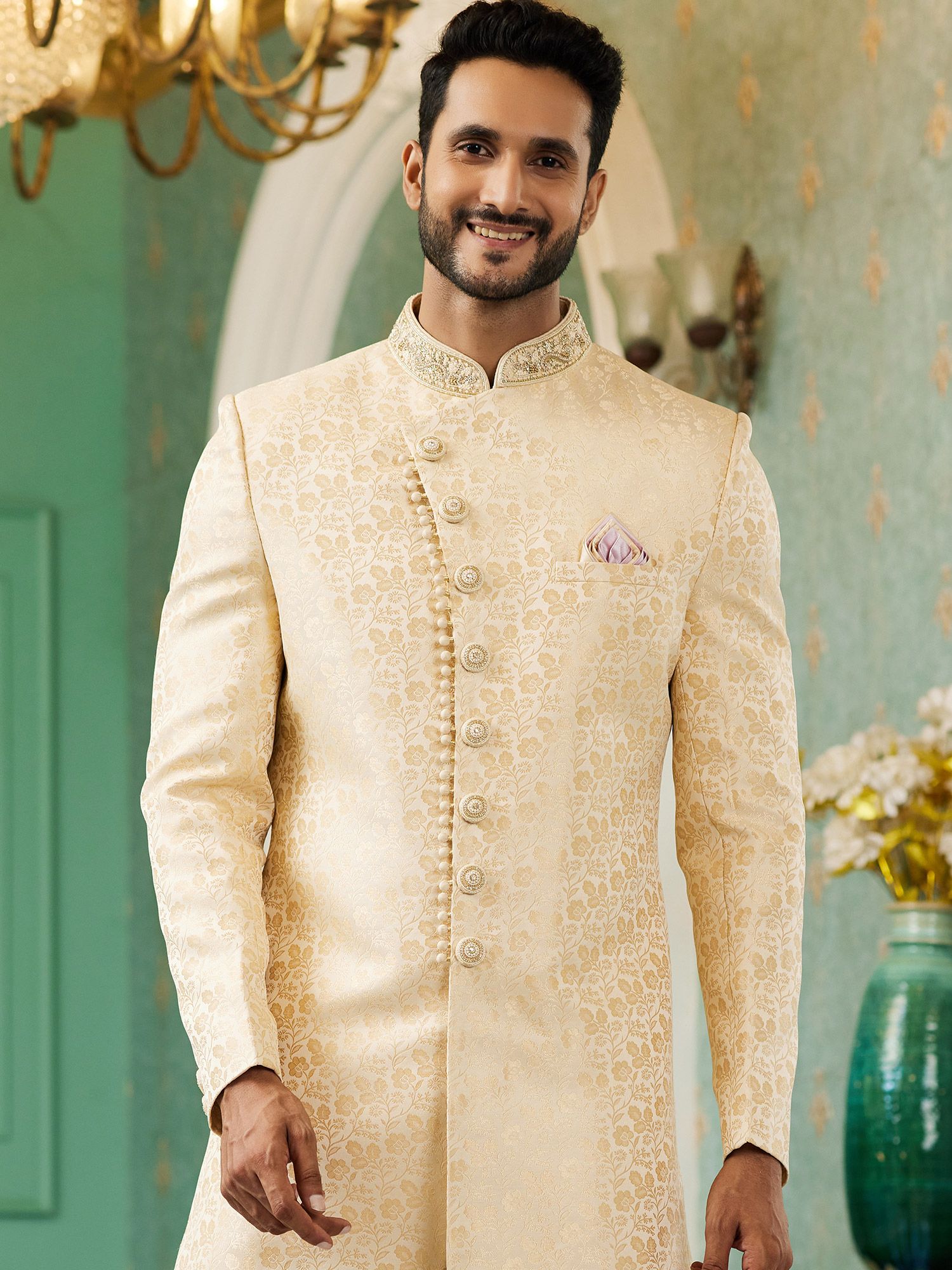 Cream Angrakha Style Indo Western For Mens