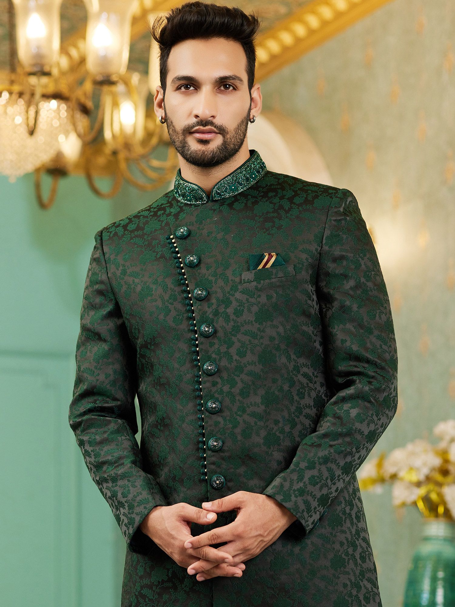 Dark Green Jacquard Fabric Mens Indowestern