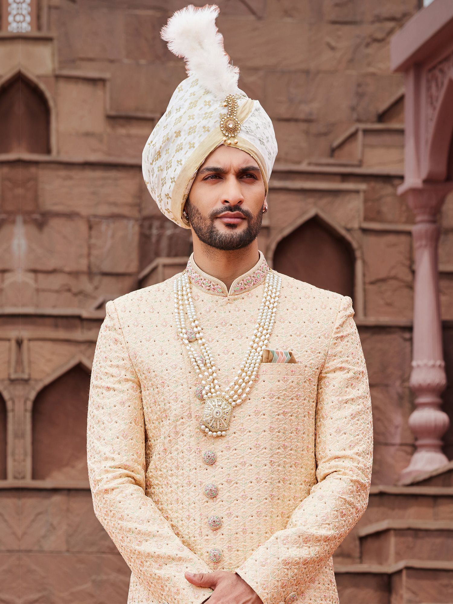 Ivory Golden Mens Sherwani With Churidaar In Silk