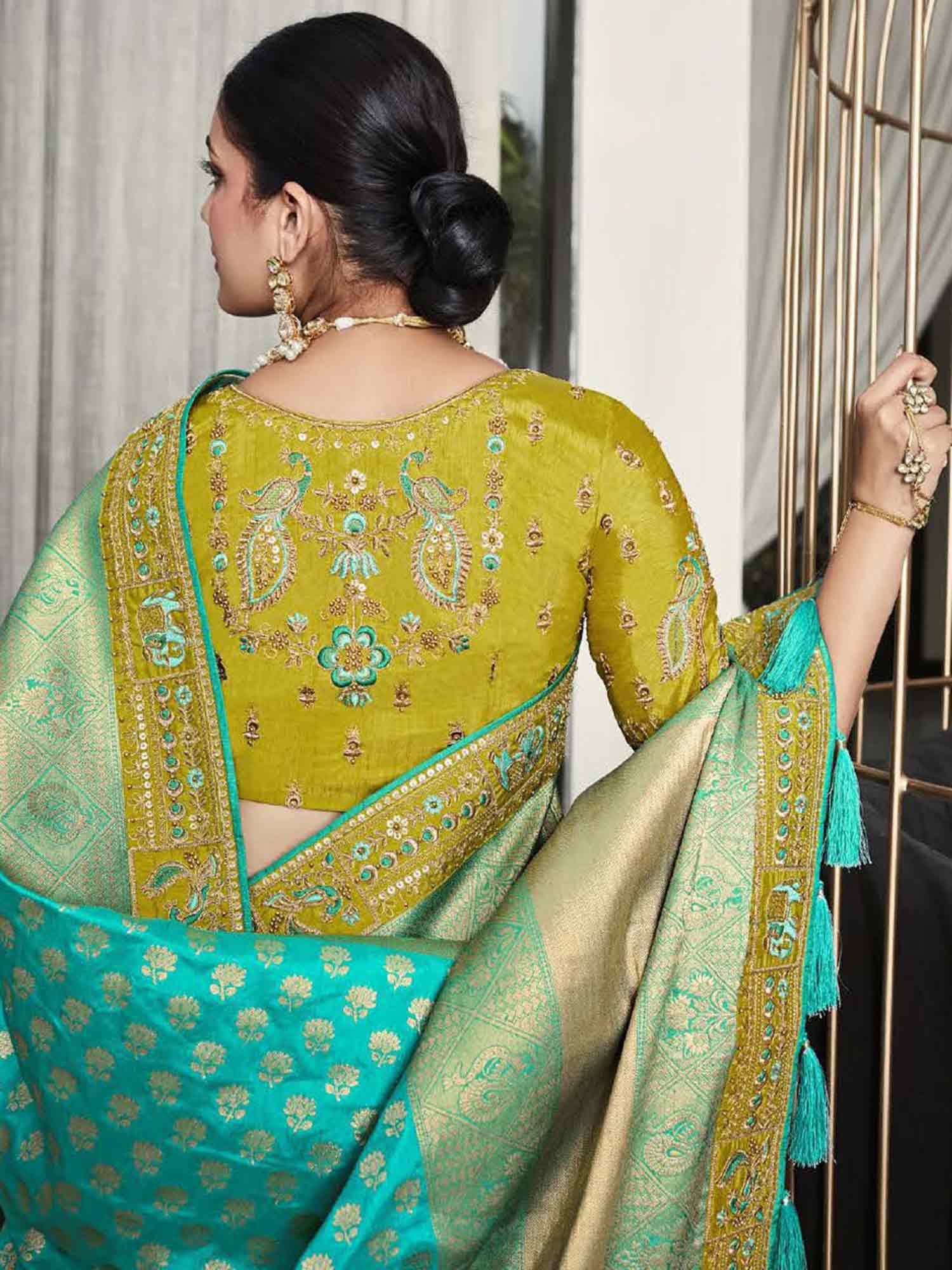 Turquoise Embroidered Traditional Saree In Silk