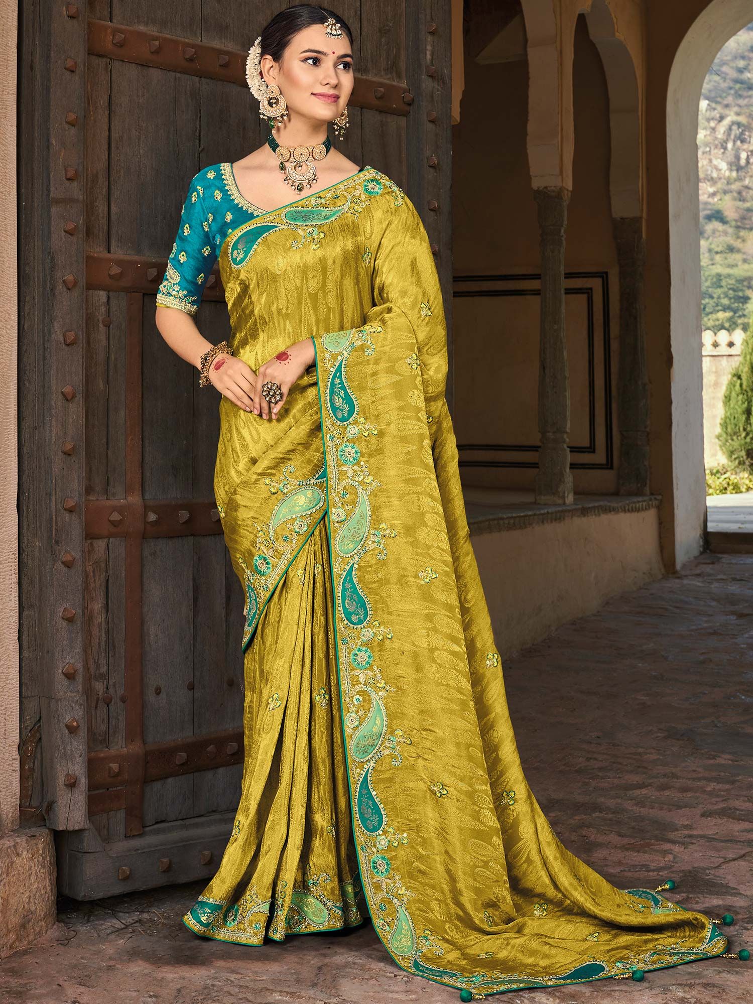 Golden Yellow Kanjivaram Saree with Contrast Blouse - Urban Womania