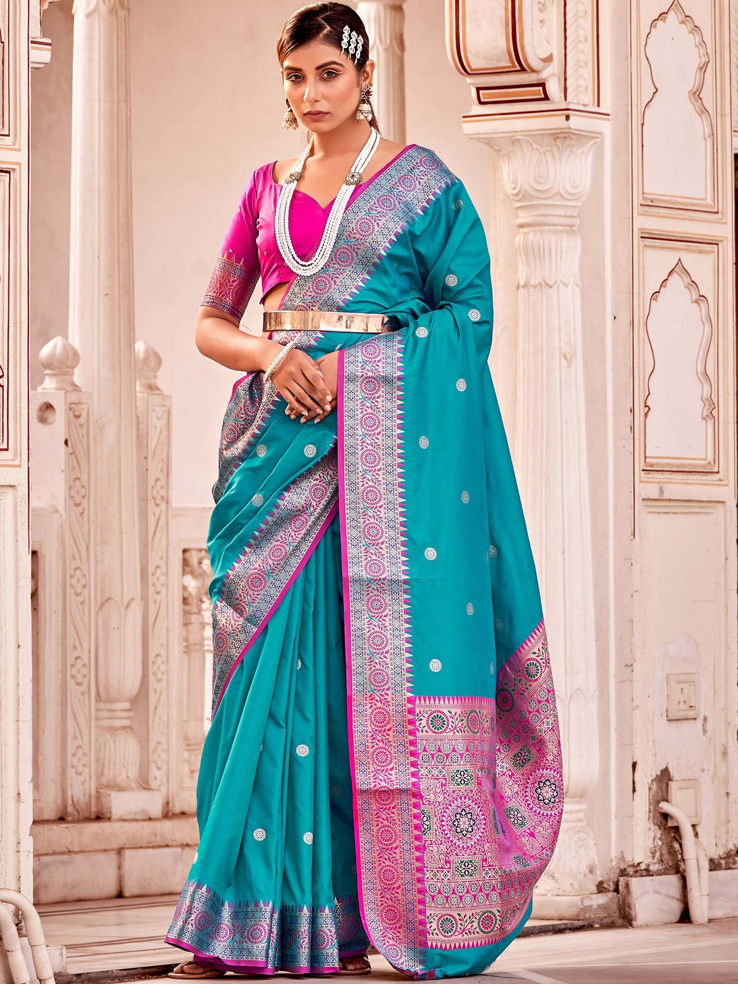 Pink Banarasi Silk Woven Saree With Blouse Latest 2877SR03