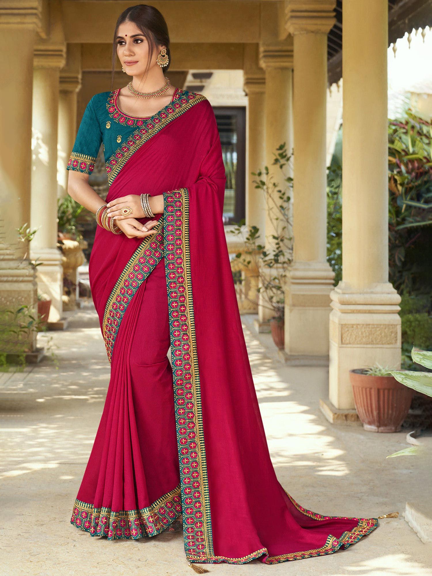 Pink Embroidered Border Saree In Georgette