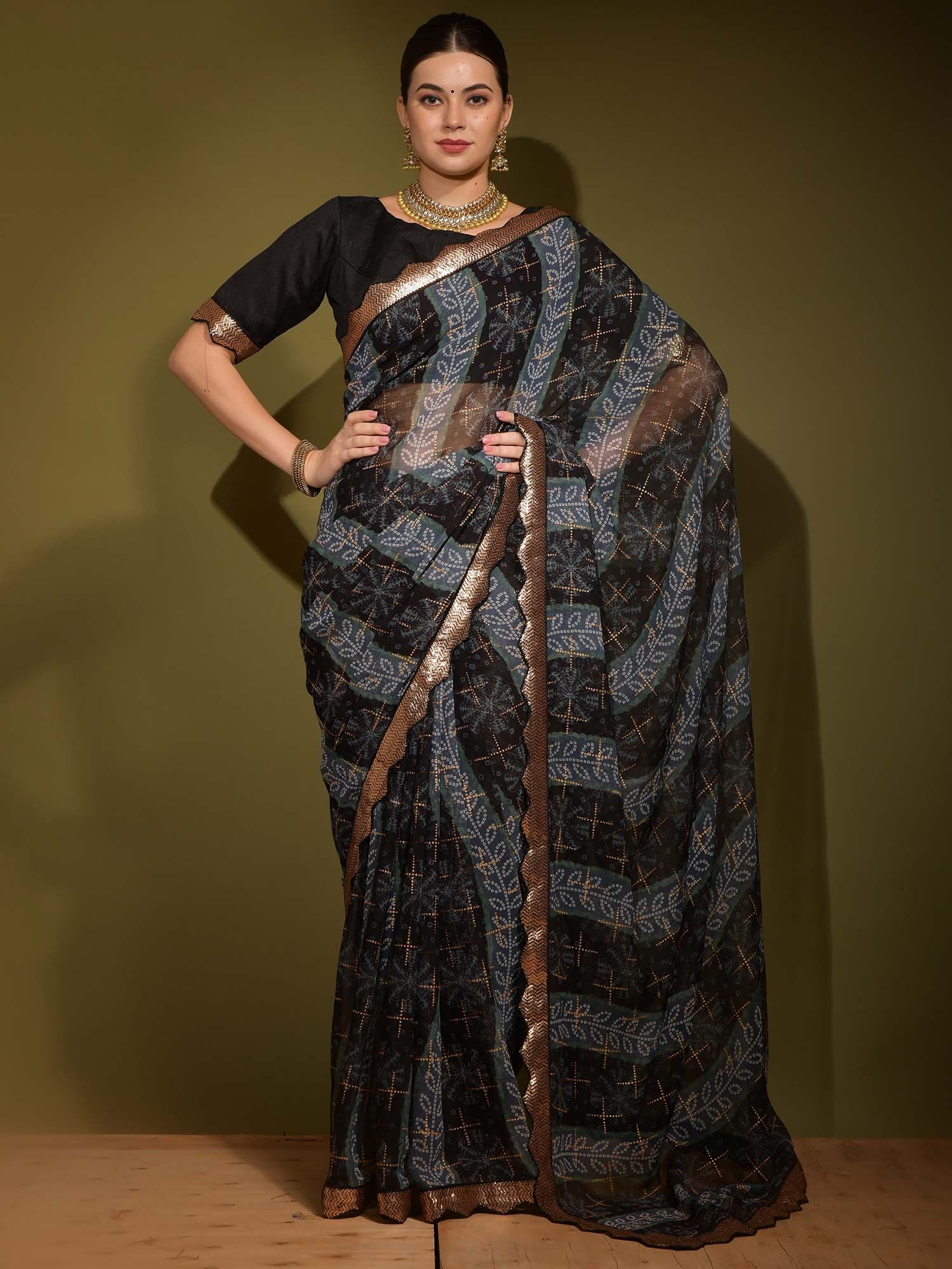 Traditional Bandhani Saree In Beautiful Black Colour Chiffon With  Embroidery Work - KSM PRINTS - 4010026