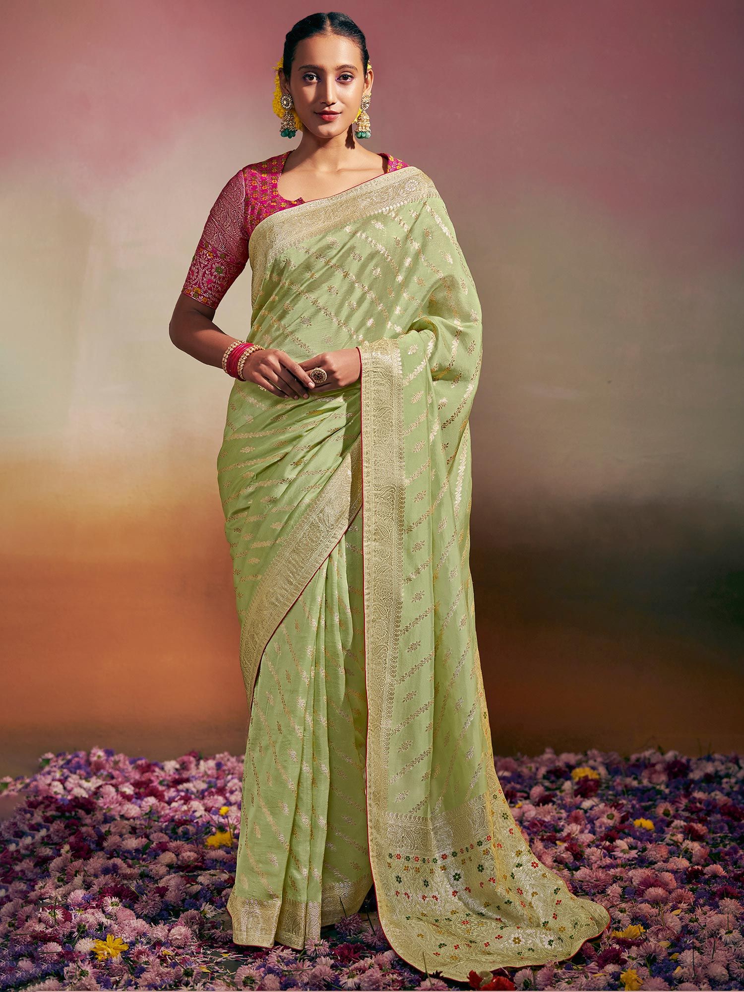 Pistachio Green Woven Traditional Silk Saree With Heavy