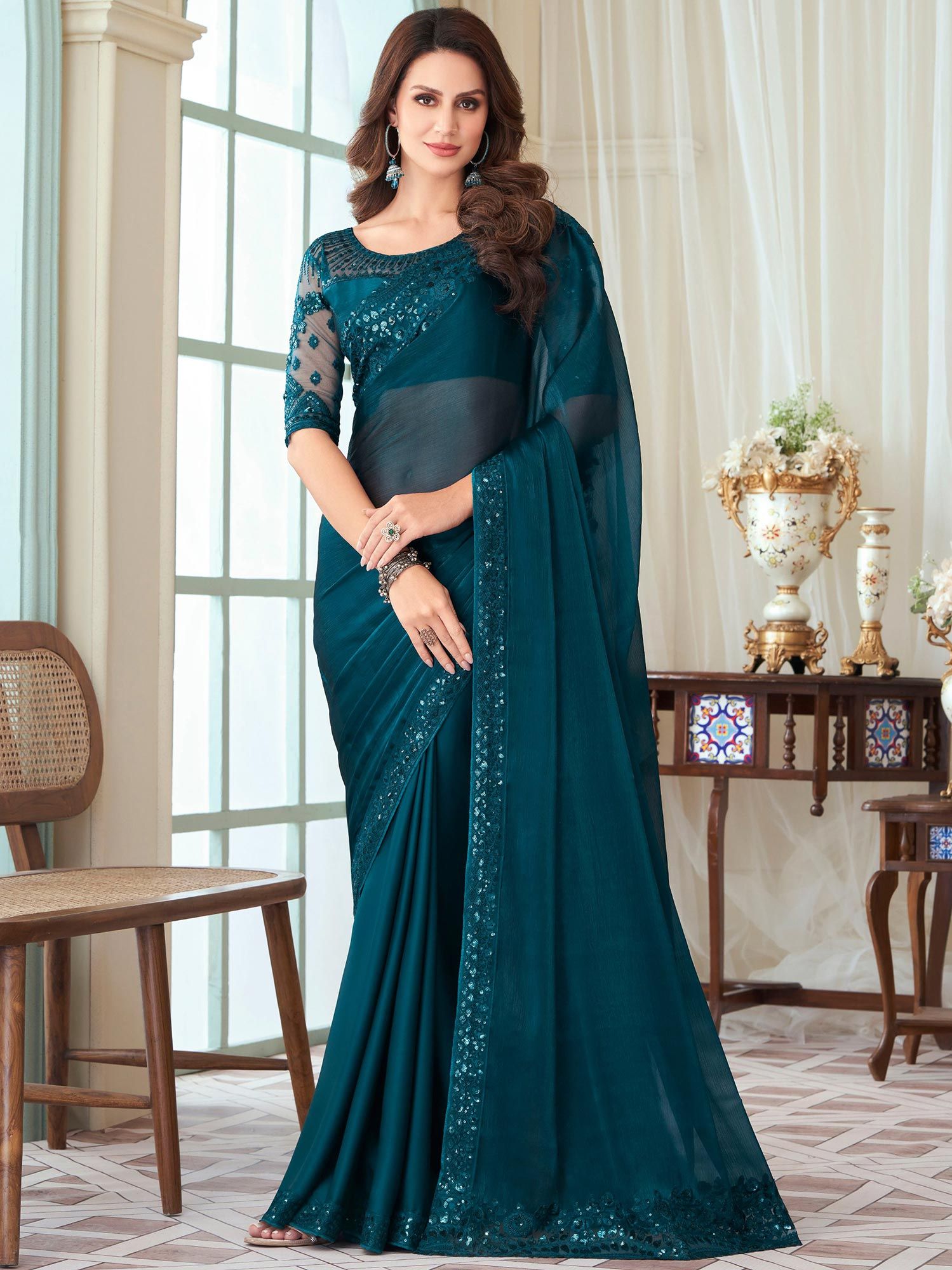 Faux Georgette Party wear Readymade Saree - Aazuri