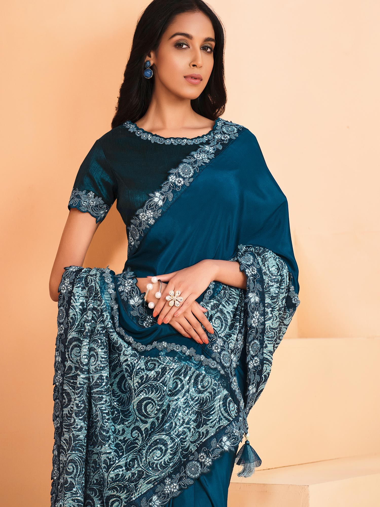 Blue Embroidered Cocktail Saree In Satin