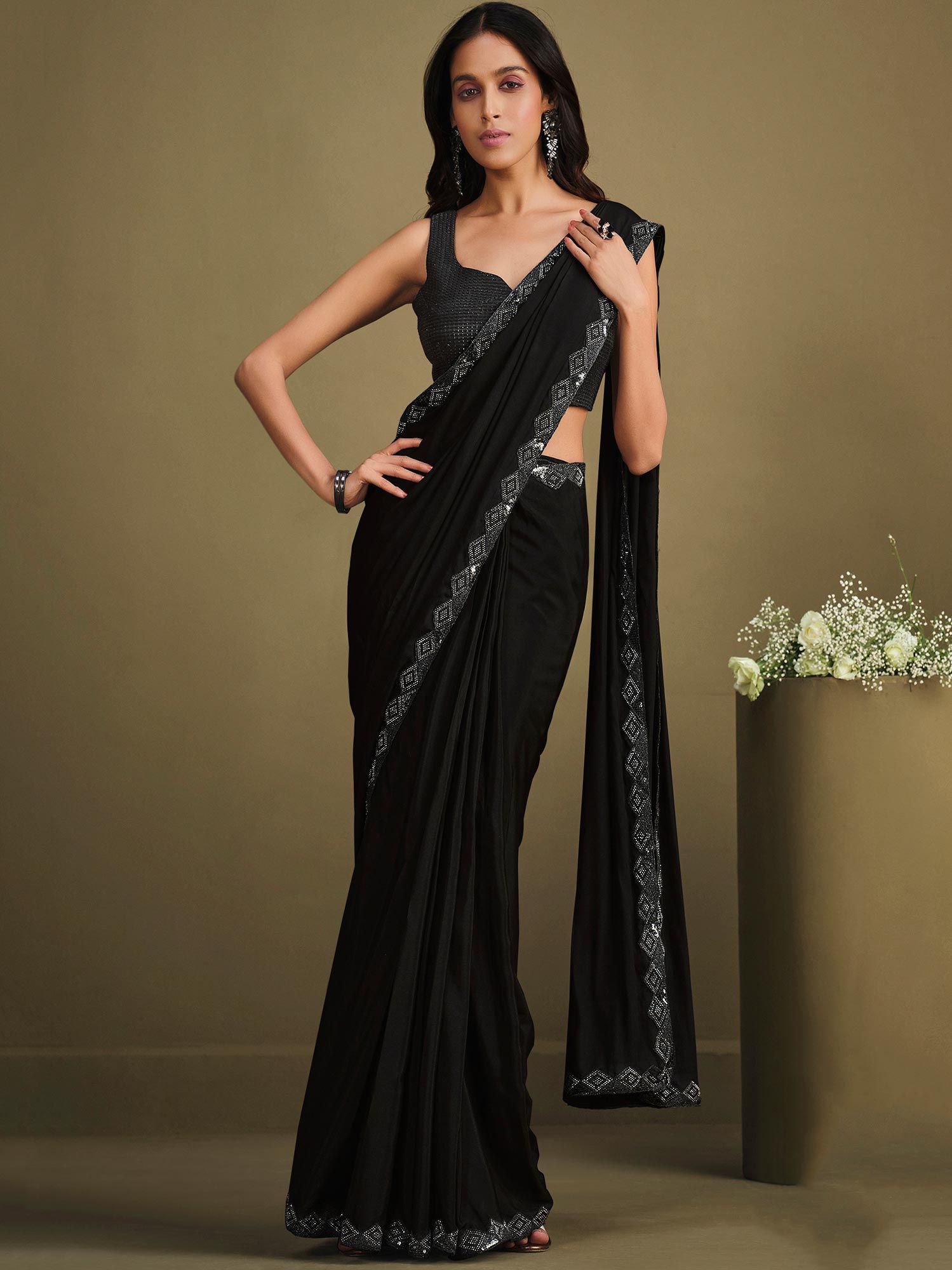 Black Embroidered Pre-Stitched Saree - Quench A Thirst- Fabilicious Fashion