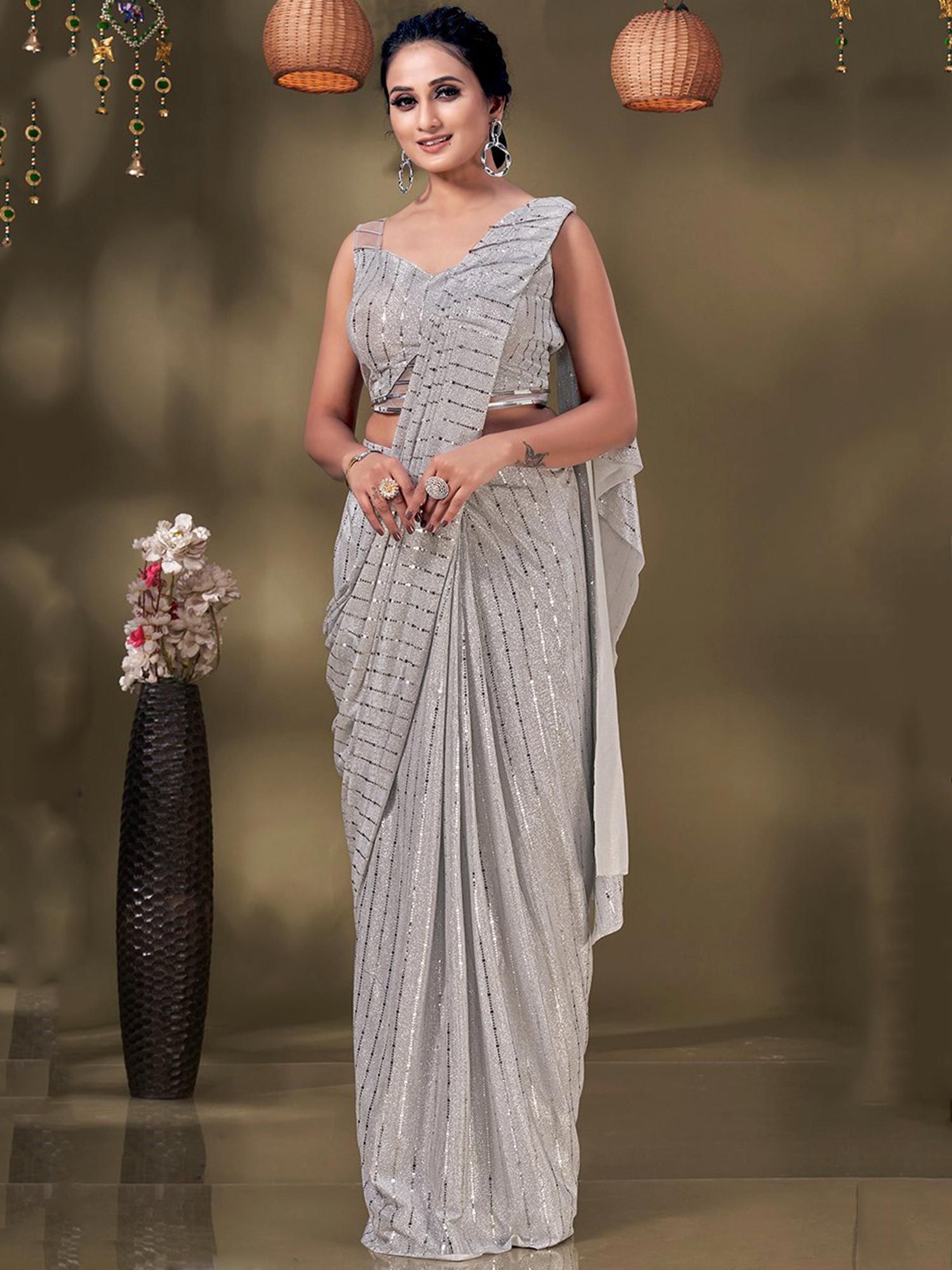 Buy Fog Grey Ready-To-Wear Sequins Saree With Lycra Blouse And Embroidered  Belt
