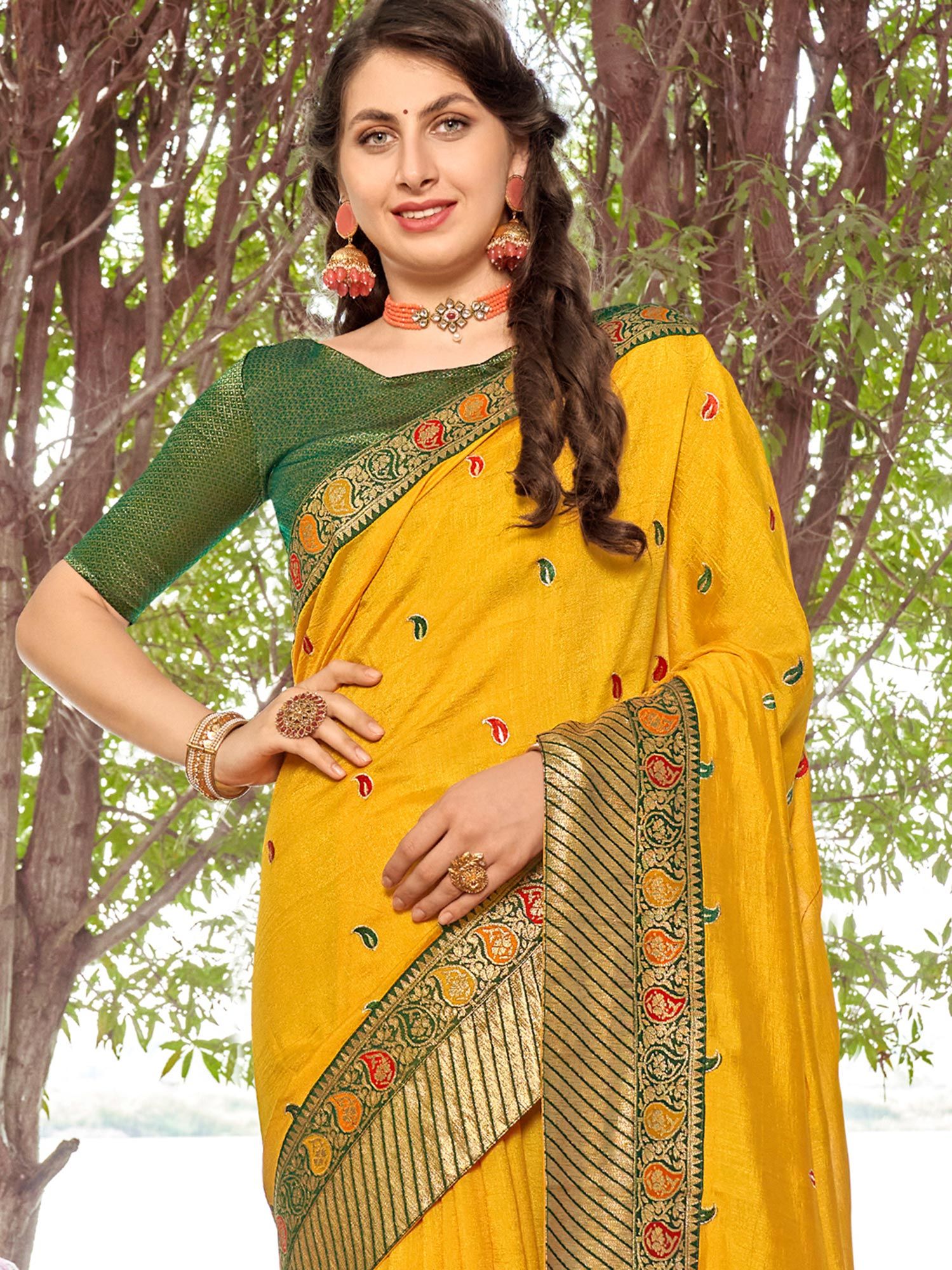 Yellow Festive Saree With Woven Borders