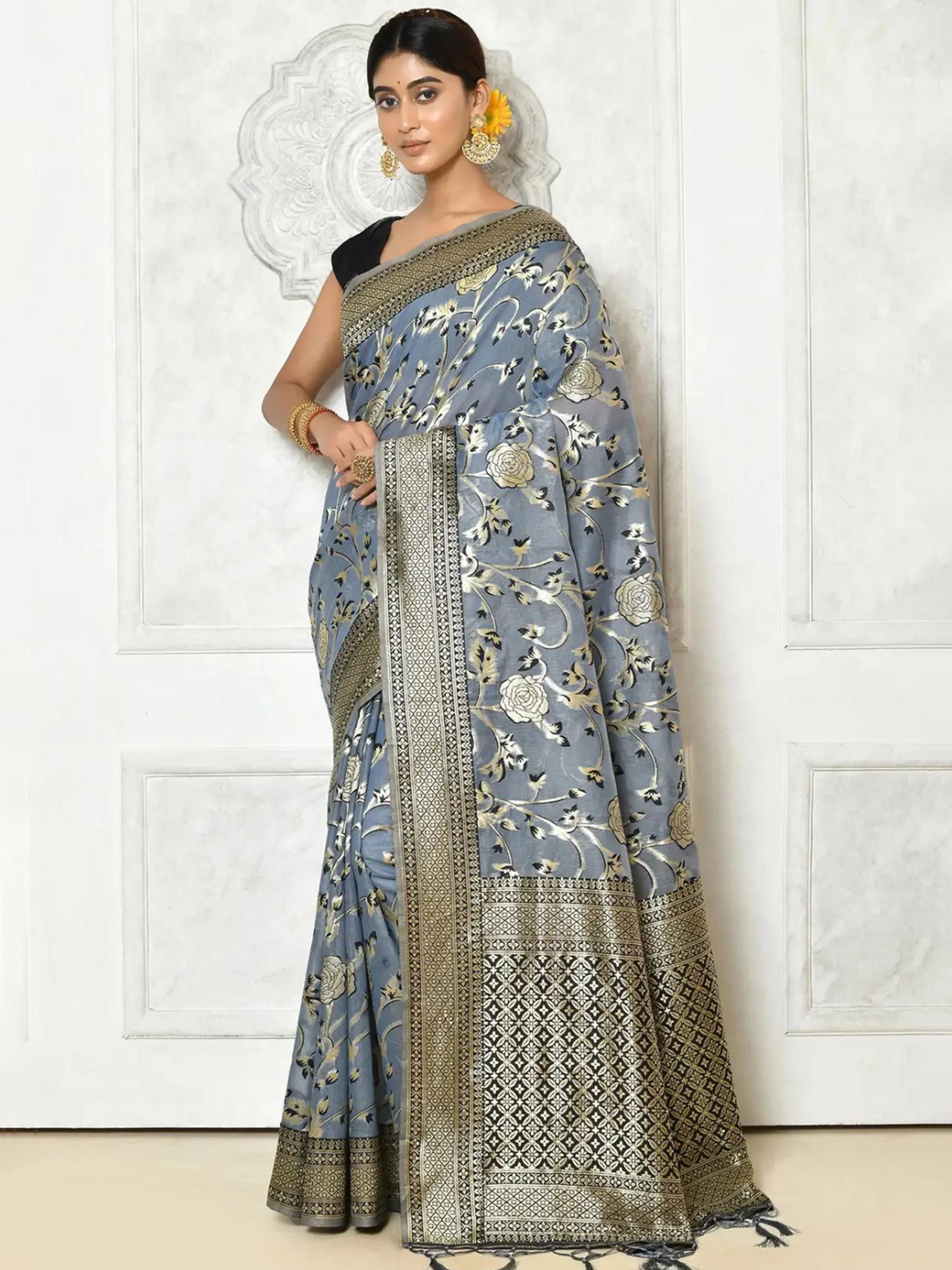 Grey Woven Border Cotton Saree Latest 5035SR01