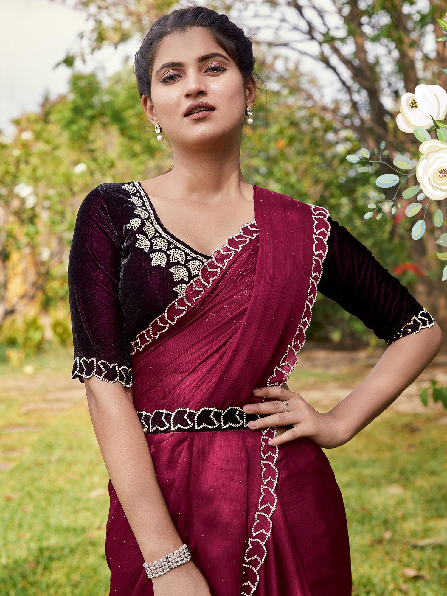 Maroon Plain Saree With Designer Blouse | Fancy sarees party wear, Fancy  sarees, Traditional dresses