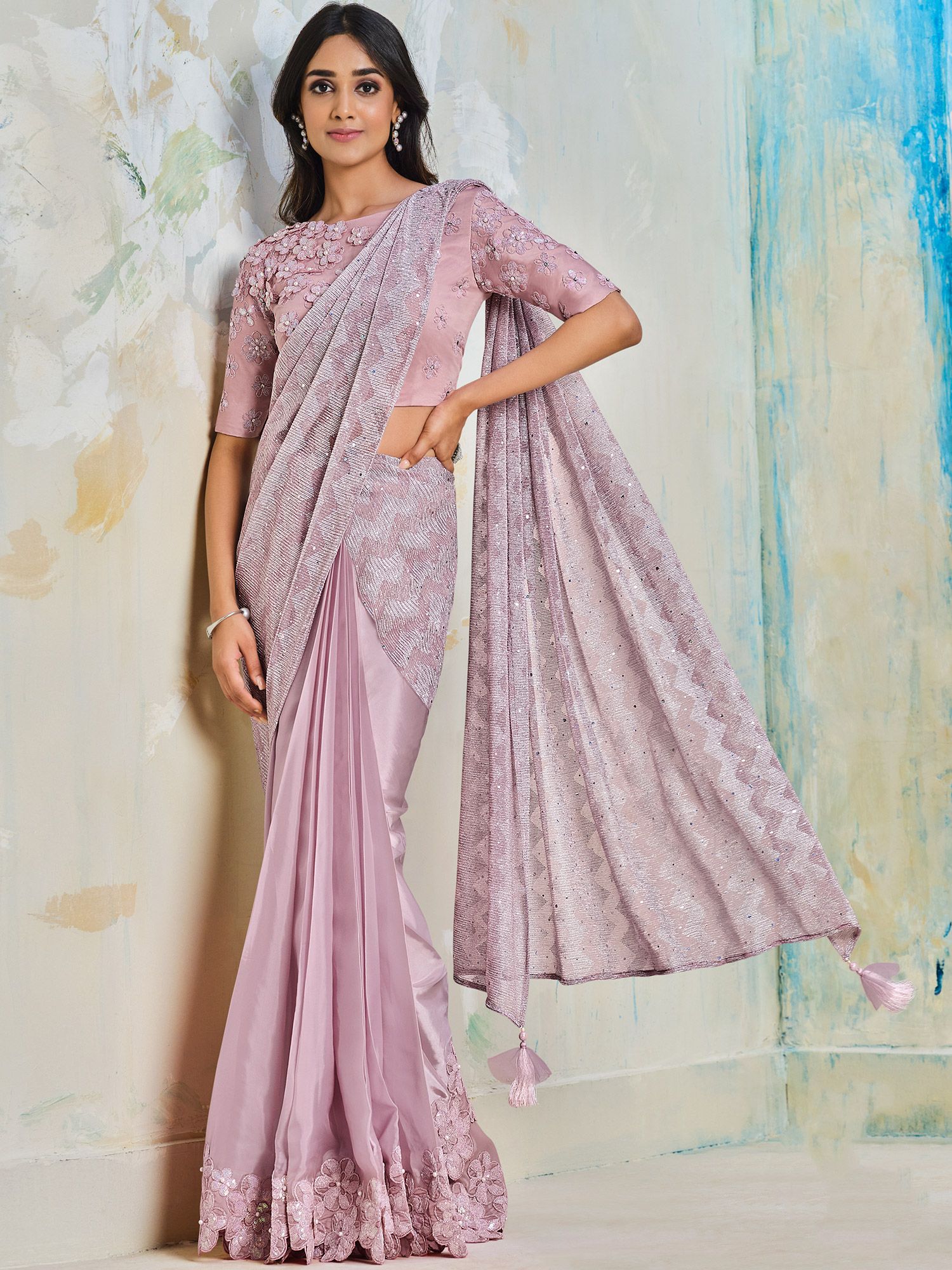 Blue Ready Pleated Saree In Sequins Fabric With A Matching Blouse – Akashi  designer studio