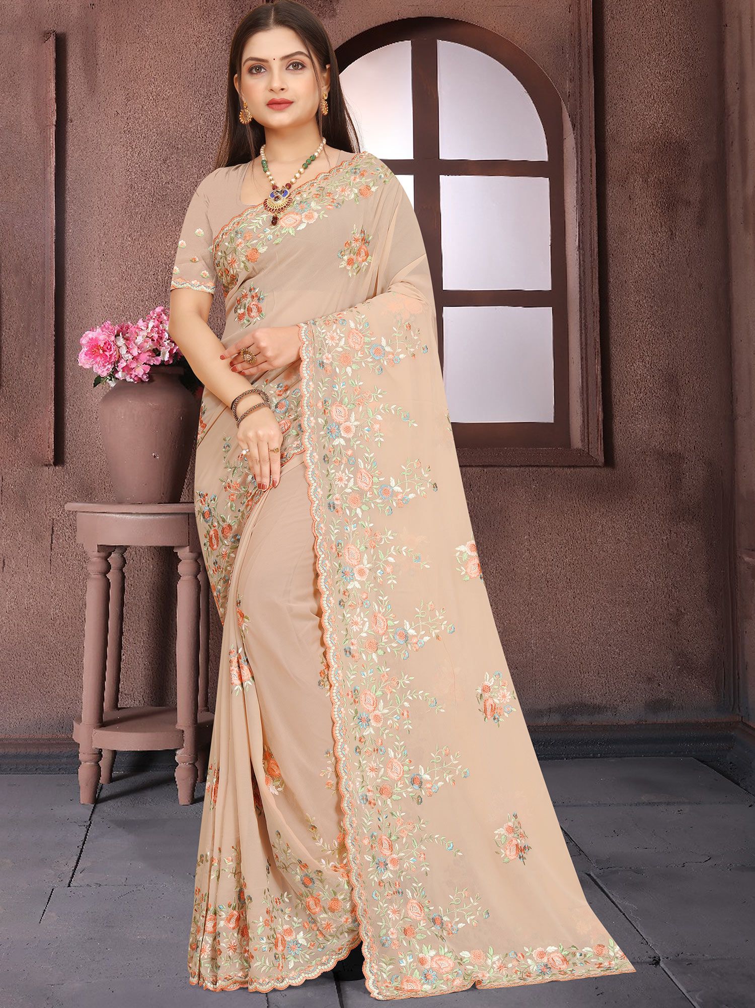 Buy Reception Wear Beige Resham Work Silk georgette Saree Online From Surat  Wholesale Shop.