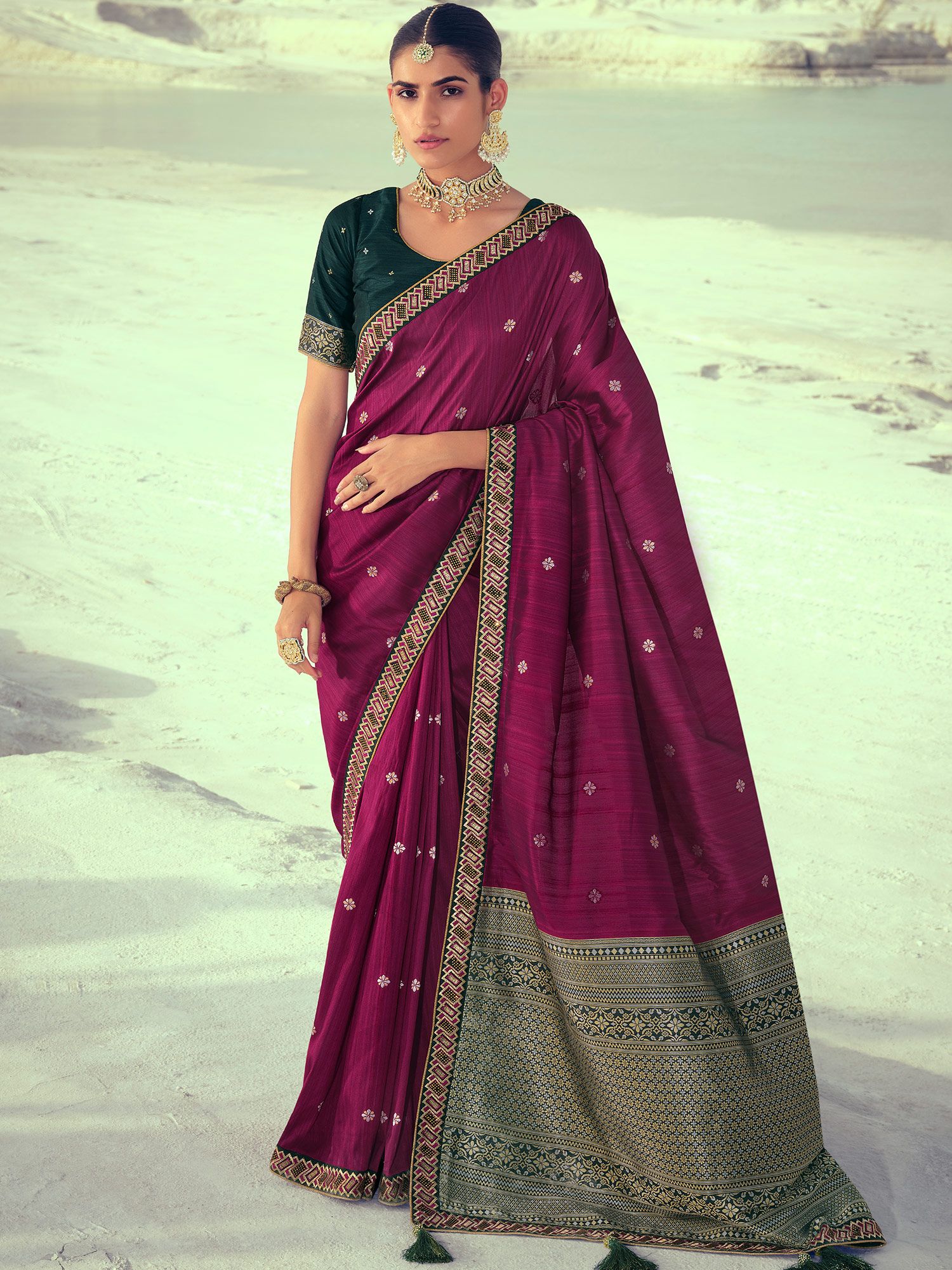 Borderless maroon plain design kamala silk saree, contrast floral design  digital printed blouse