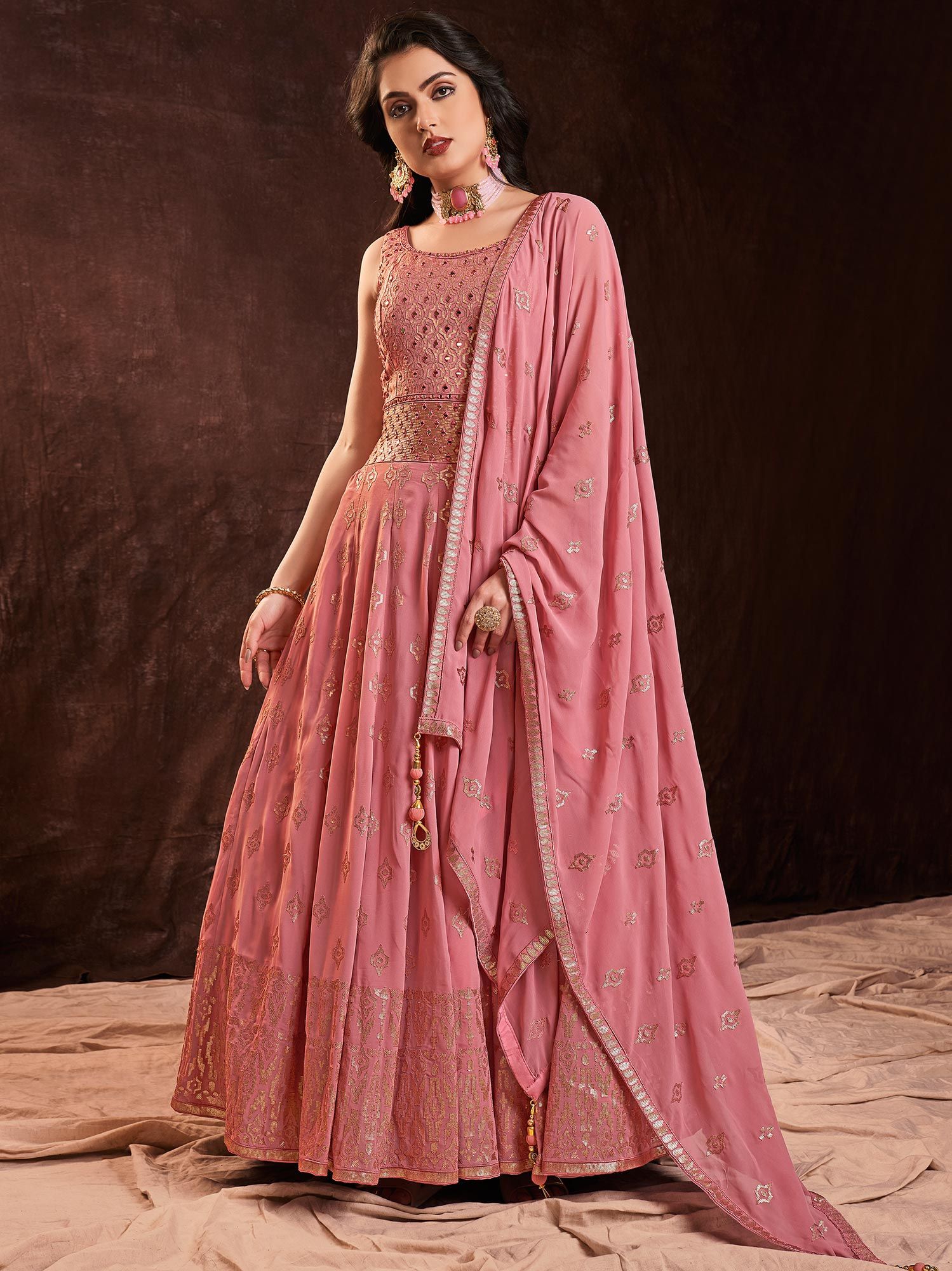 Anarkali Suit Pink in Georgette with Embroidered