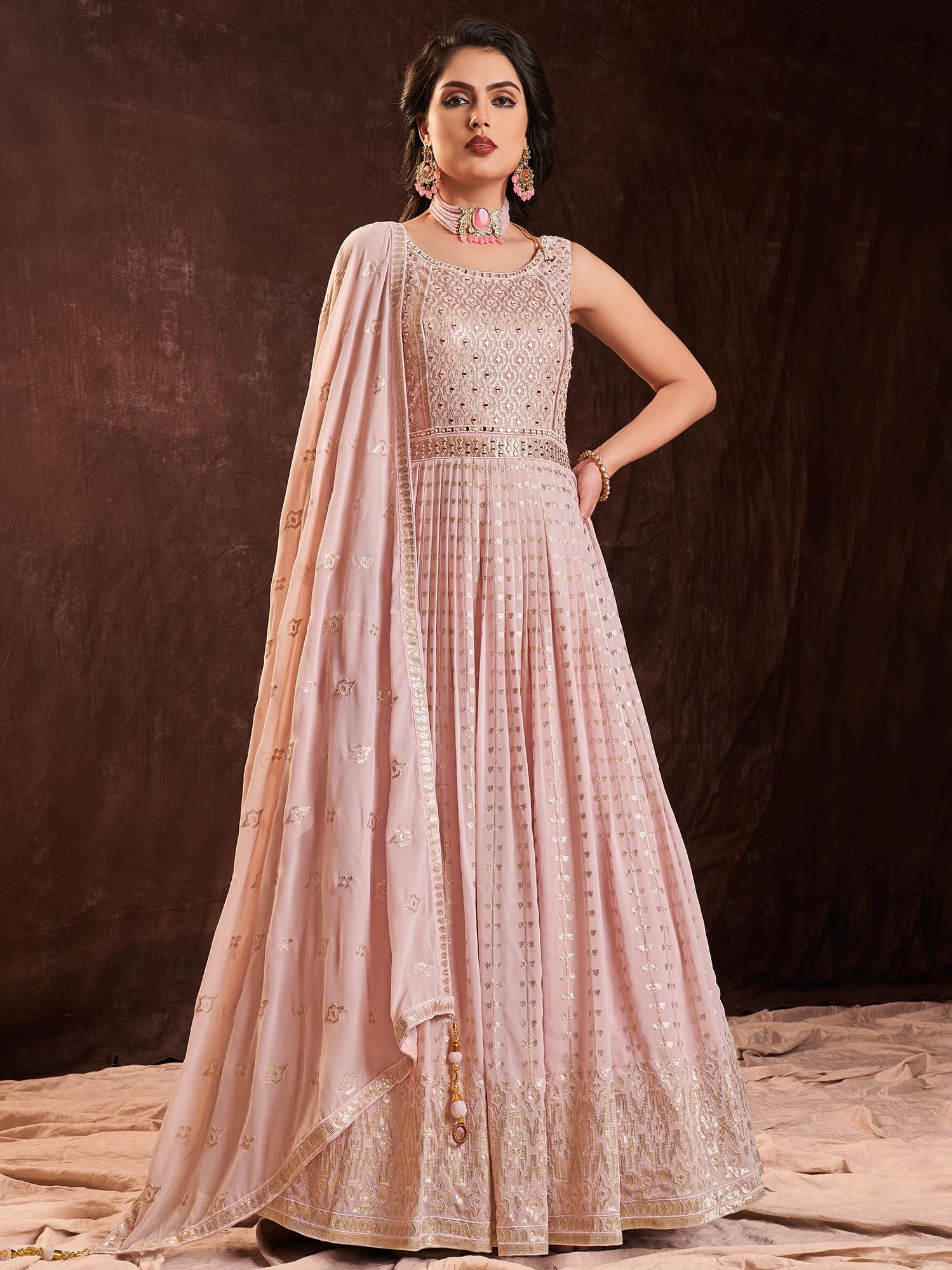 Off White Real Georgette Anarkali Suit with Dupatta