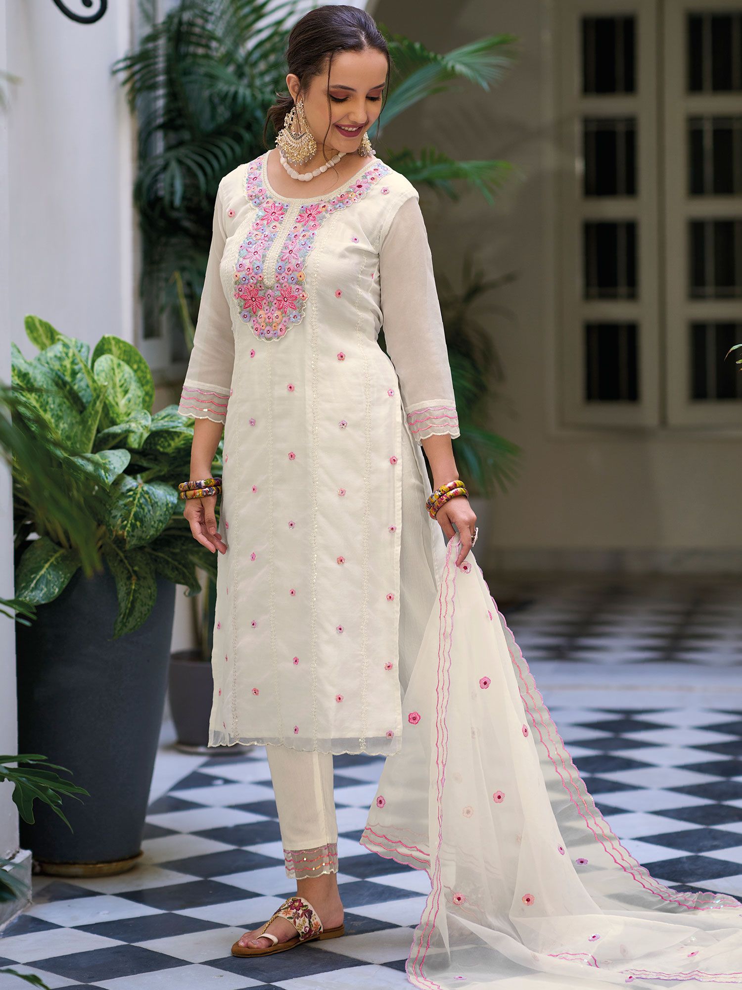 Embroidered Pant Style Suit in White