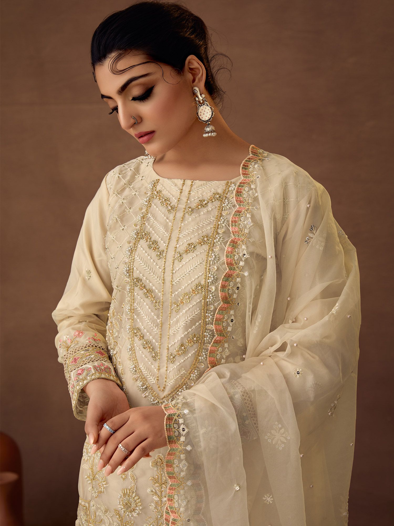 Cream Organza Salwar Kameez With Pant Style