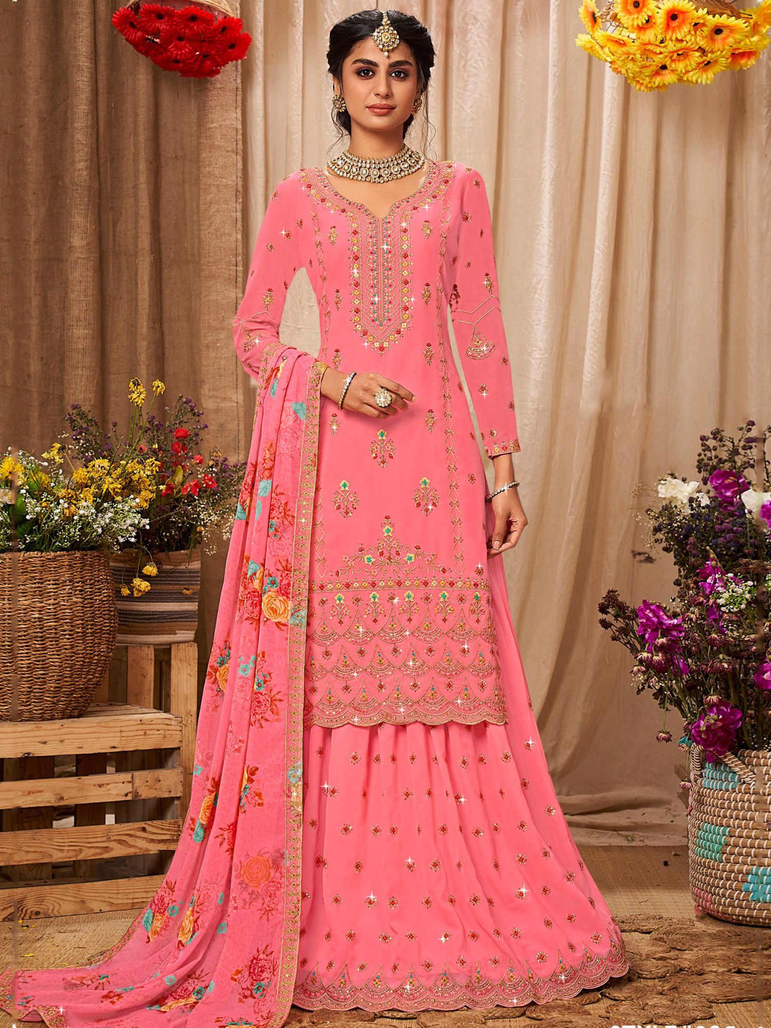 Rose Pink Velvet Embroidery Work Sharara Suit With Dupatta