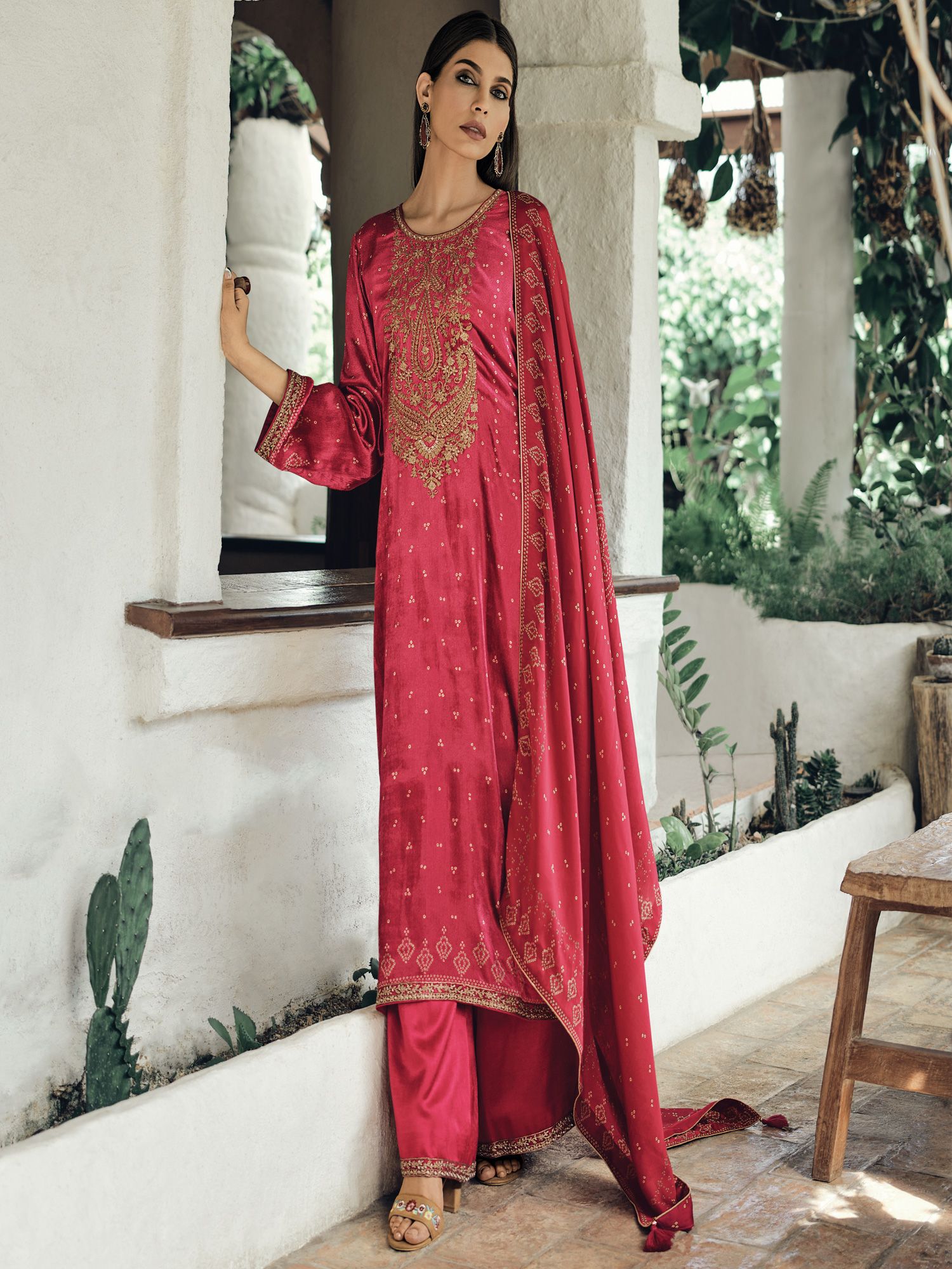 Red Velvet Salwar Kameez In Print With Palazzo Style 0161