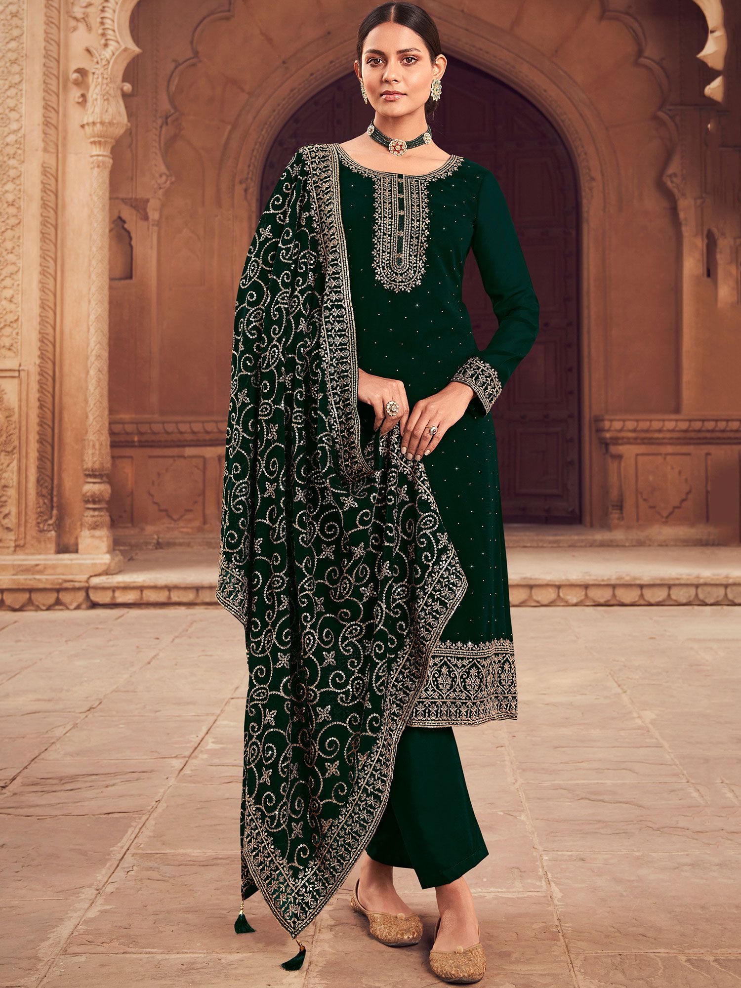 Dark Green Festive Salwar Suit With Embroidered Dupatta