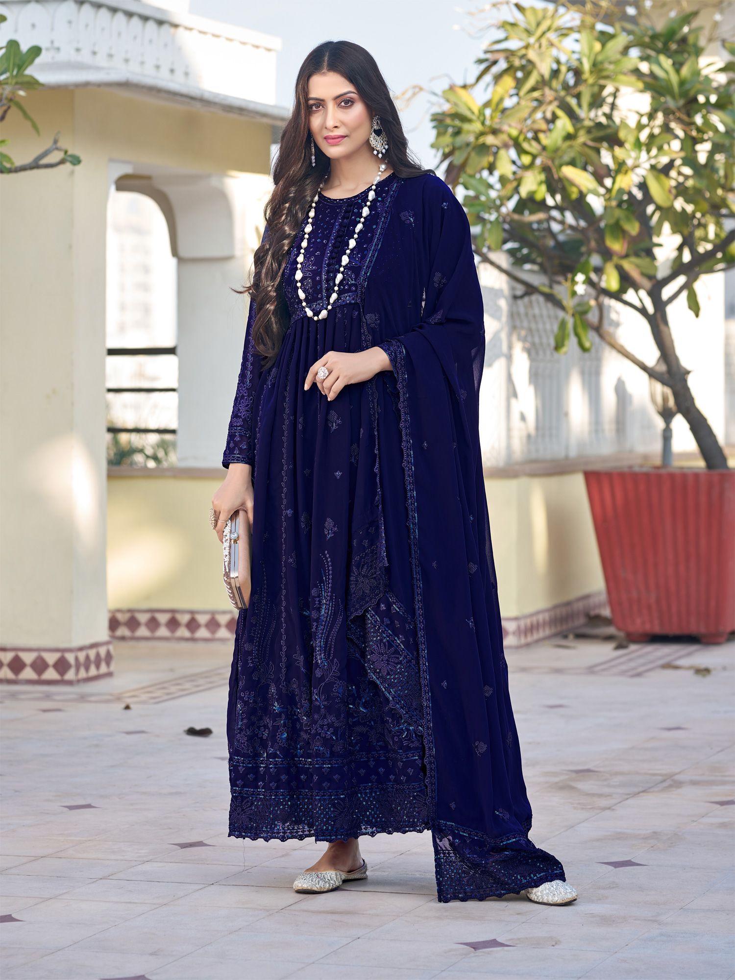 Beautiful Partywear Blue Kurta Pant Set with Duppatta, popular Pakistani Designer Georgette 3 piece Salwar Kameez for Weddings Readymade Dresses