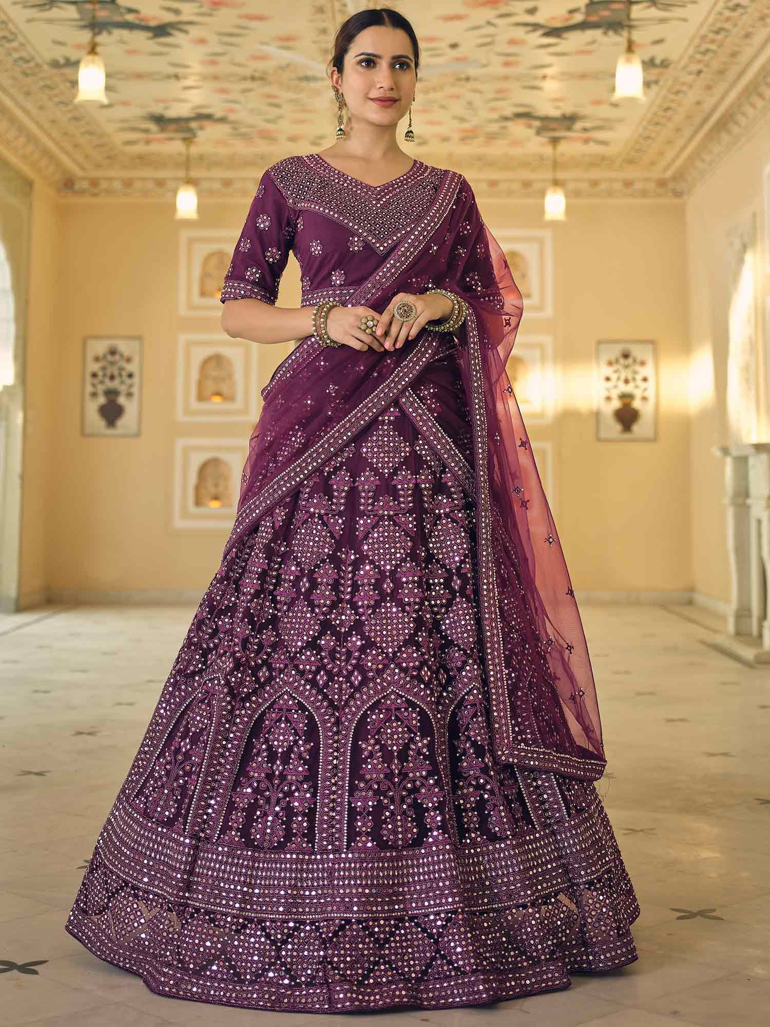 Buy Purple Velvet Hand Embroidered Resham V Neck Kalidar Lehenga Set For  Women by Weaver Story Online at Aza Fashions.