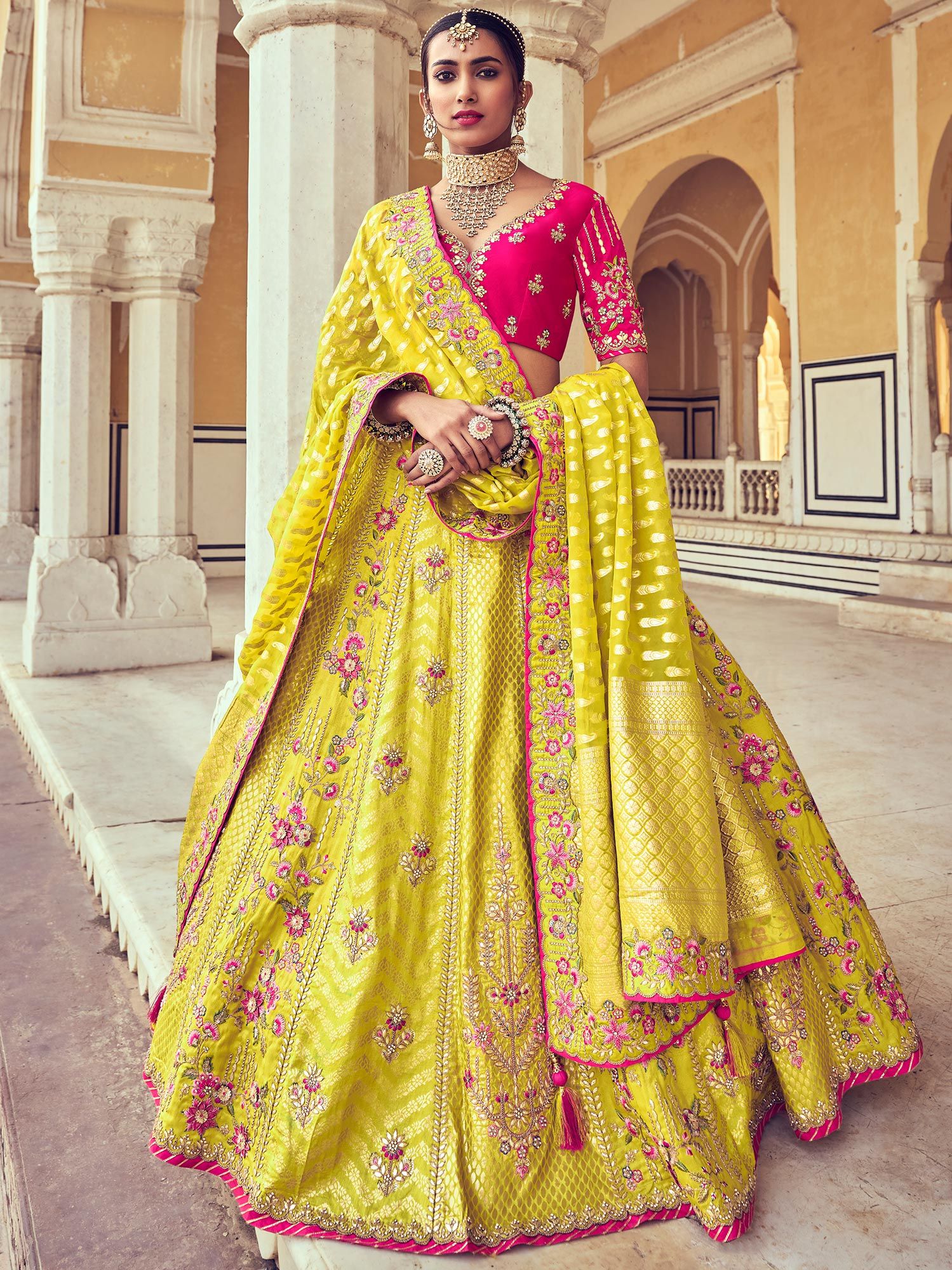Yellow Banarasi Silk Lehenga With Pink Dupatta – Ethnos